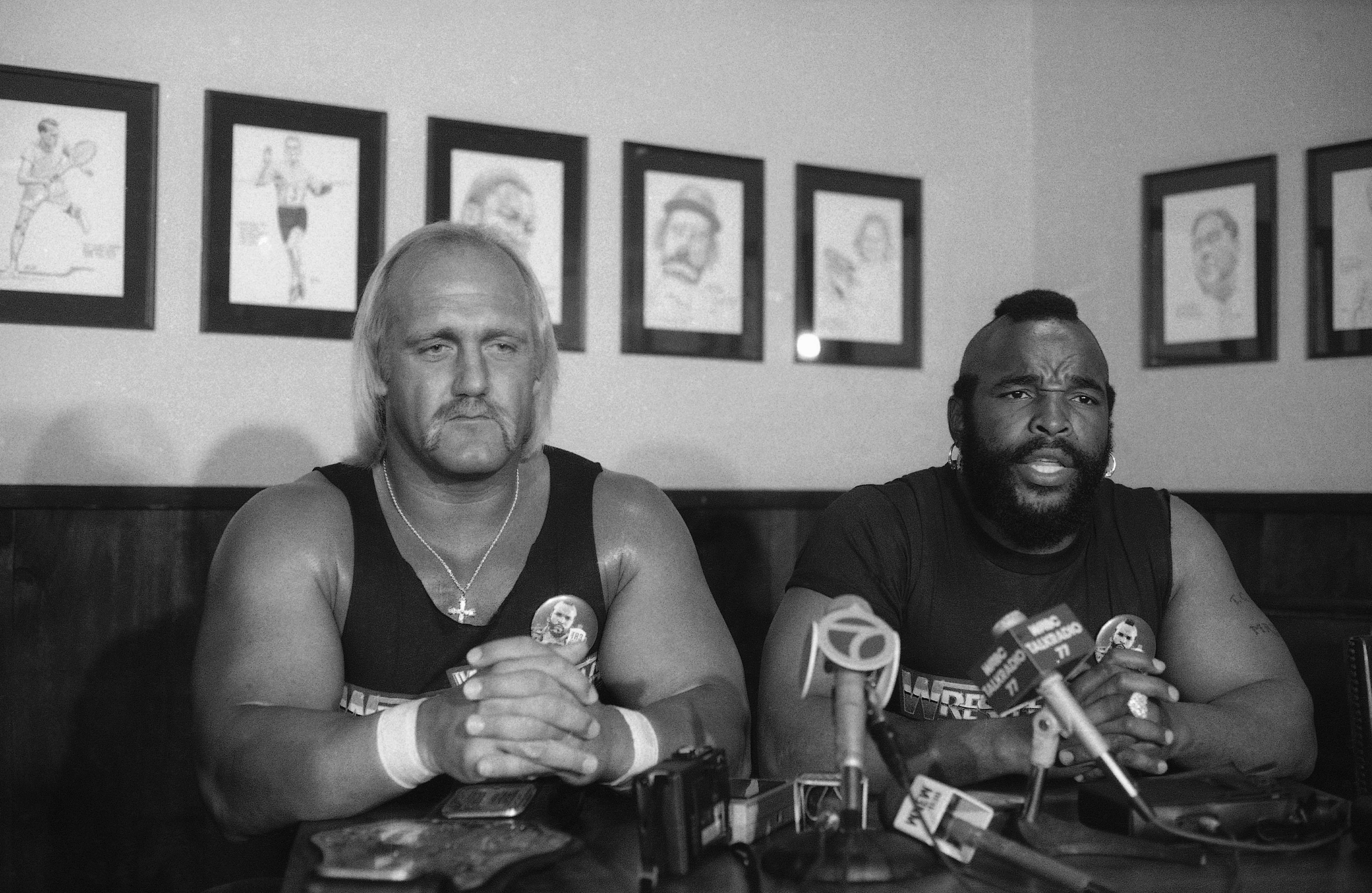 World Wrestling Federation heavyweight champion Hulk Hogan, left, and Mr. T. appear at a news conference in 1985, in New York's Madison Square Garden. (AP Photo/Corey Struller).