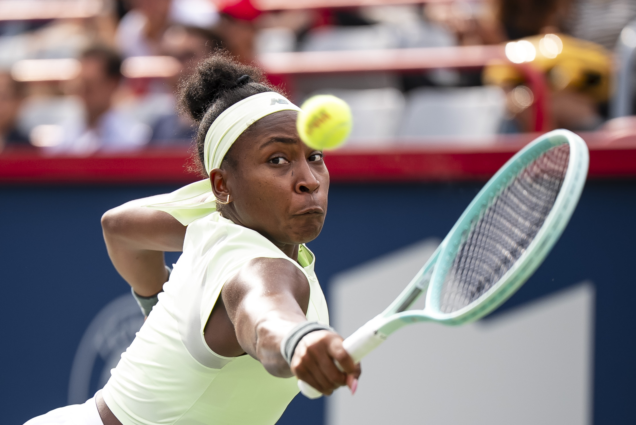 Coco Gauff returns a shot during third-round match action against Veronika Kudermetova at the National Bank Open women's tennis tournament in Montreal on Thursday. (Christopher Katsarov/The Canadian Press via AP).