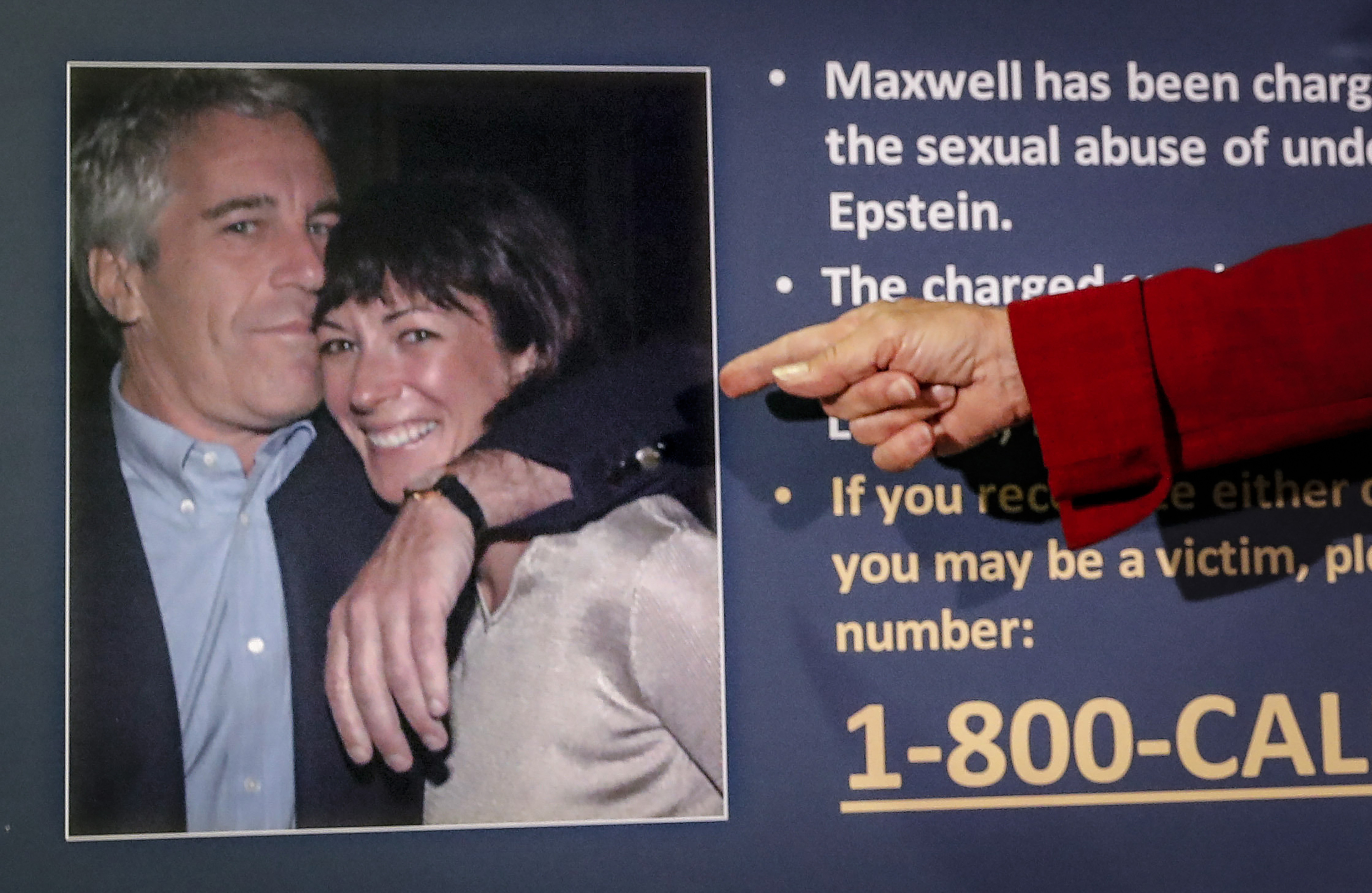  Audrey Strauss, acting U.S. attorney for the Southern District of New York, points to a photo of Jeffrey Epstein and Ghislaine Maxwell, during a news conference in New York on July 2, 2020. (AP Photo/John Minchillo, File)