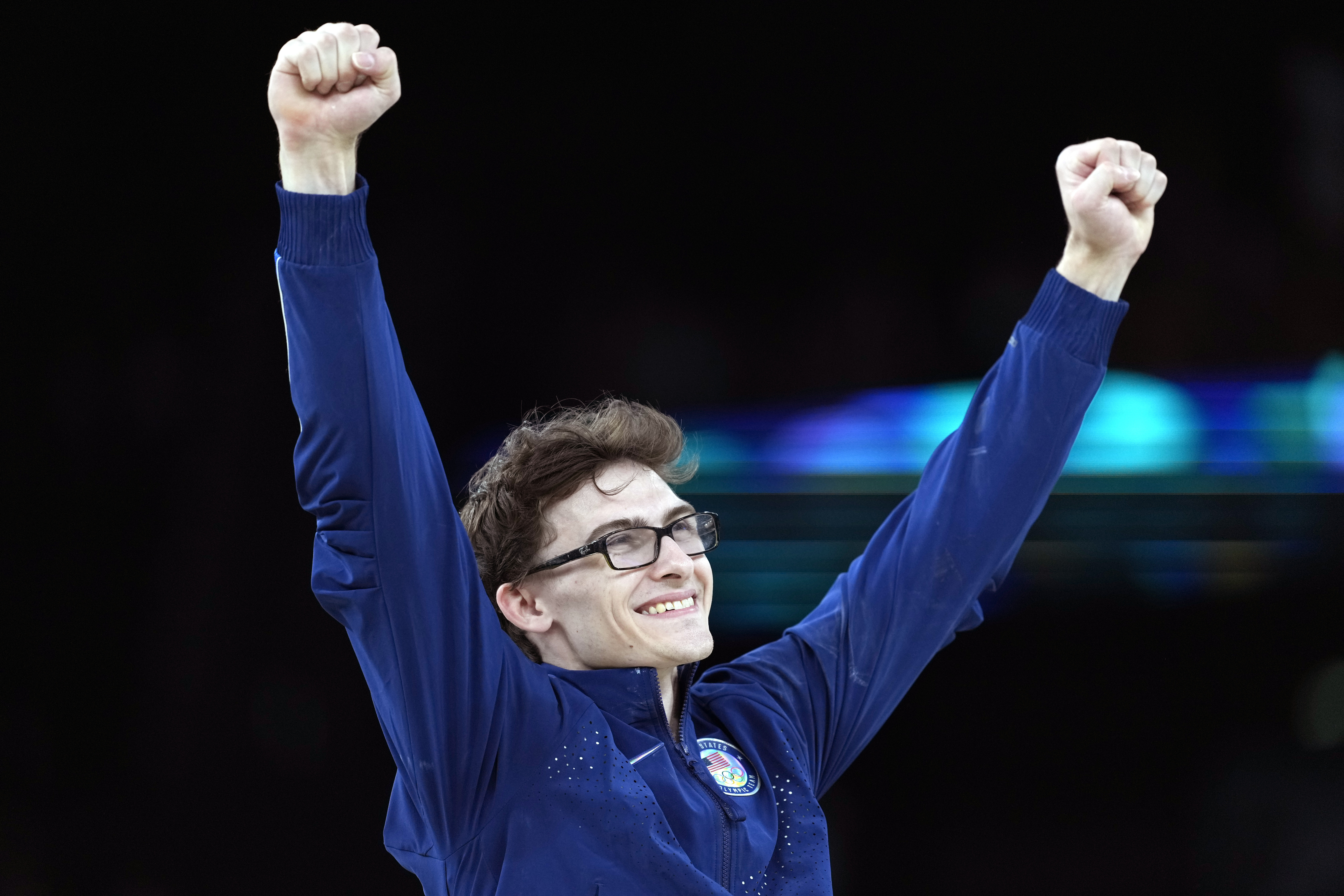Stephen Nedoroscik, of the United States, celebrates after winning the bronze medal during the men's artistic gymnastics individual pommel finals at Bercy Arena at the 2024 Summer Olympics, Aug. 3, 2024, in Paris, France. (AP Photo/Francisco Seco, File)