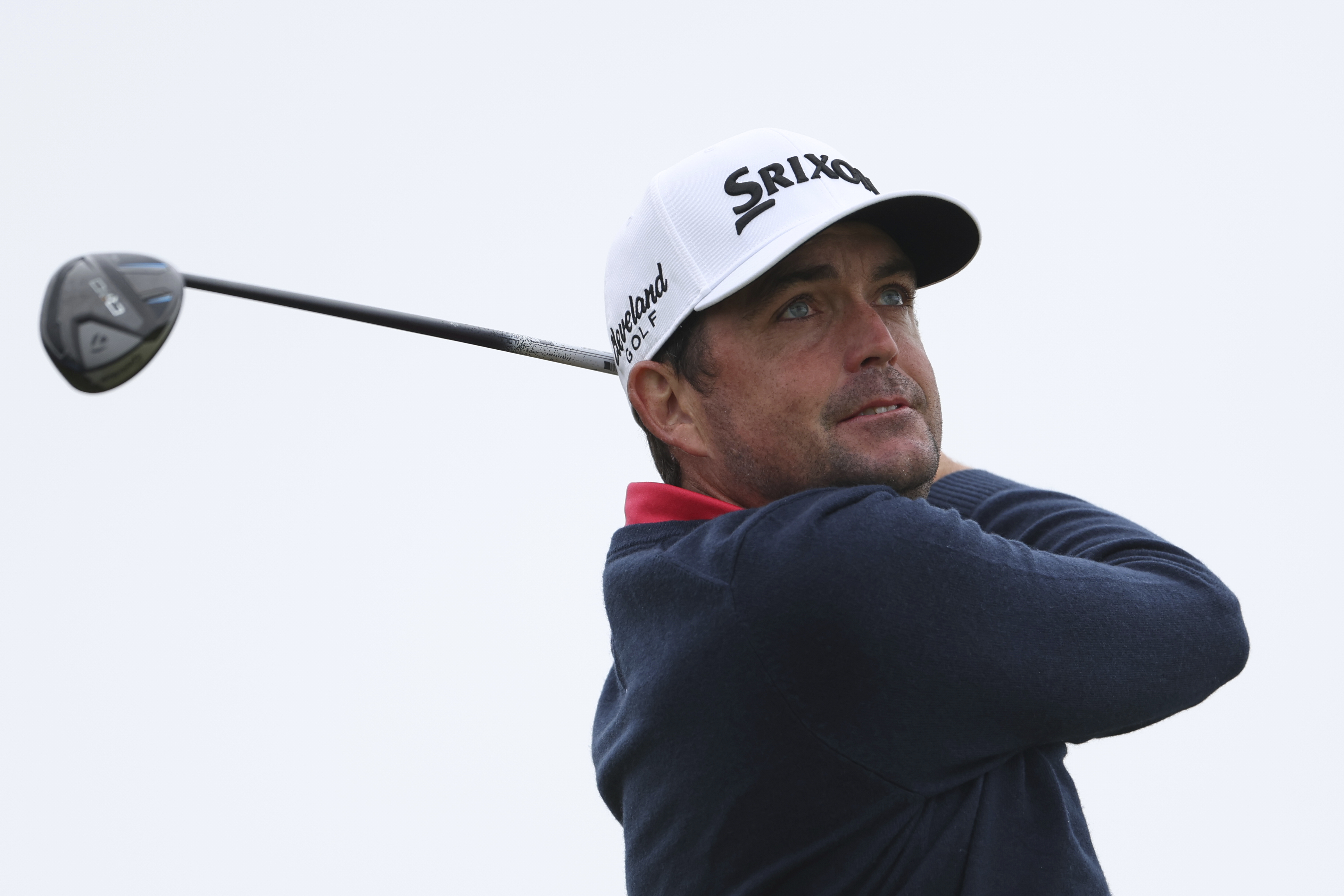 Keegan Bradley of the United States plays off the 13th hole during a practice round for the British Open golf championship at the Royal Portrush Golf Club, Northern Ireland, Tuesday, July 15, 2025. (AP Photo/Peter Morrison)