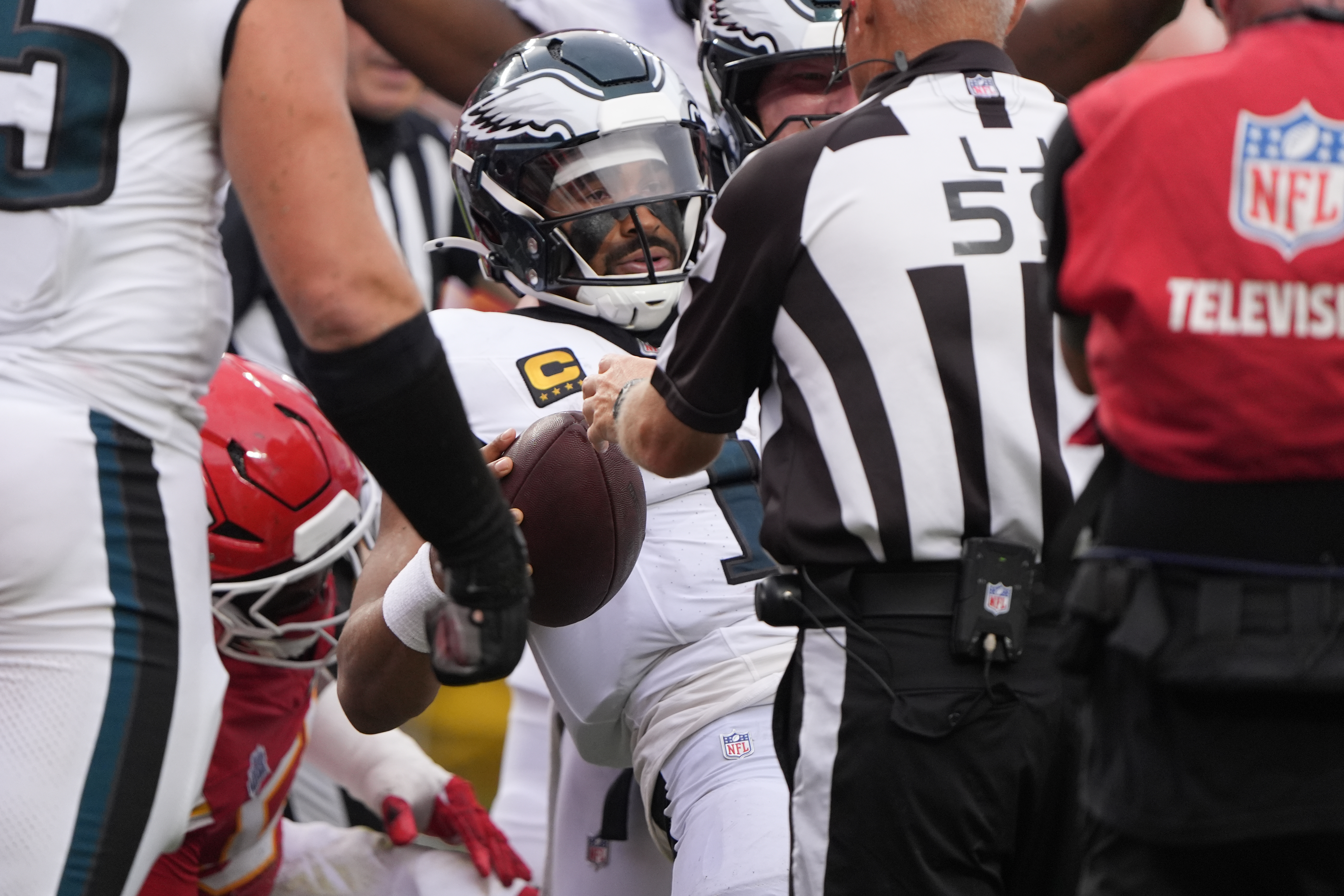 Philadelphia Eagles quarterback Jalen Hurts gets up off the turf after scoring a touchdown during the second half of an NFL football game against the Kansas City Chiefs on Sunday. (AP Photo/Charlie Riedel).