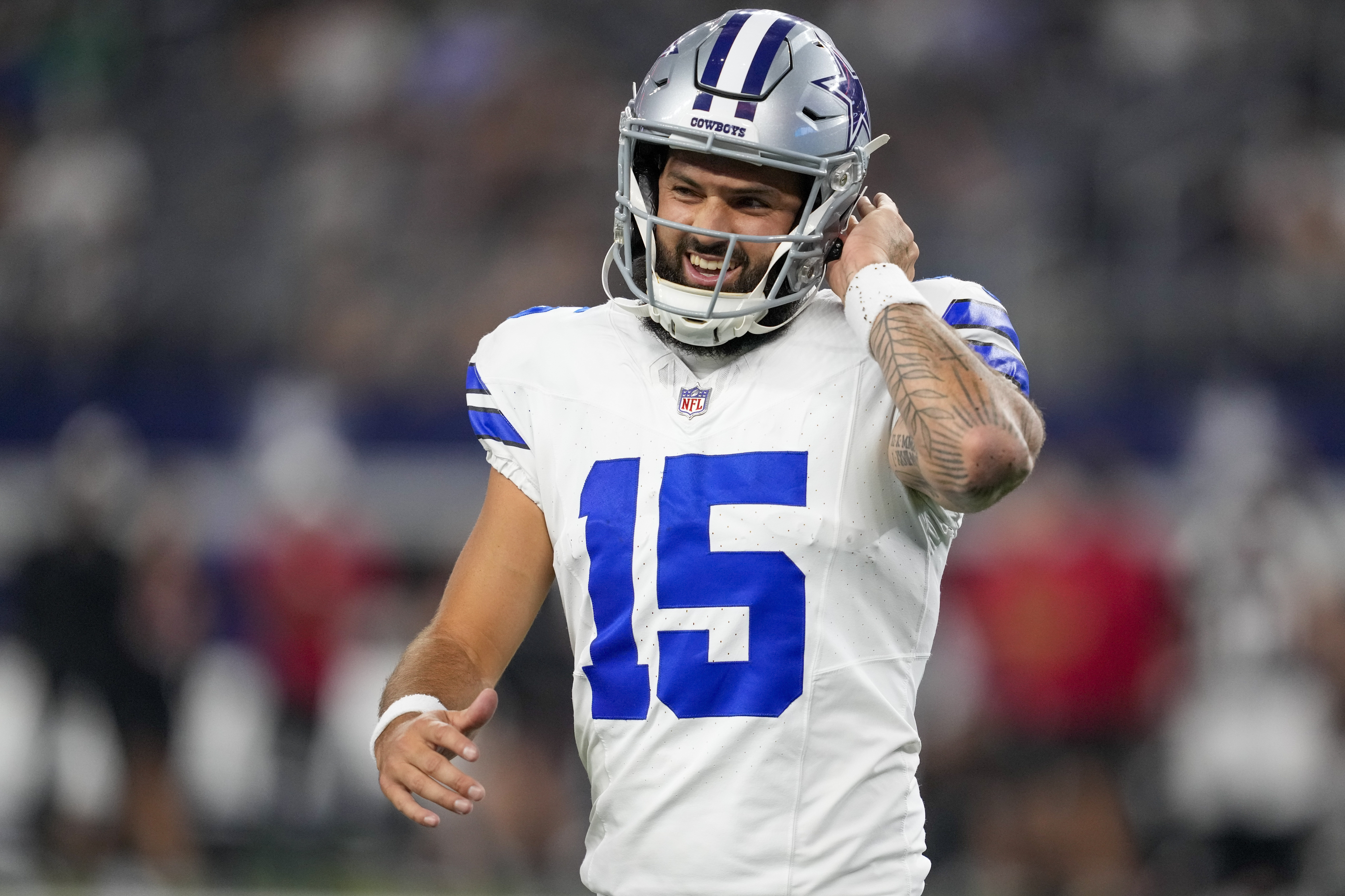 Dallas Cowboys quarterback Will Grier reacts after a play against the Atlanta Falcons during the second half of a preseason NFL football game Aug. 22, 2025, in Arlington, Texas. (AP Photo/Tony Gutierrez, File)