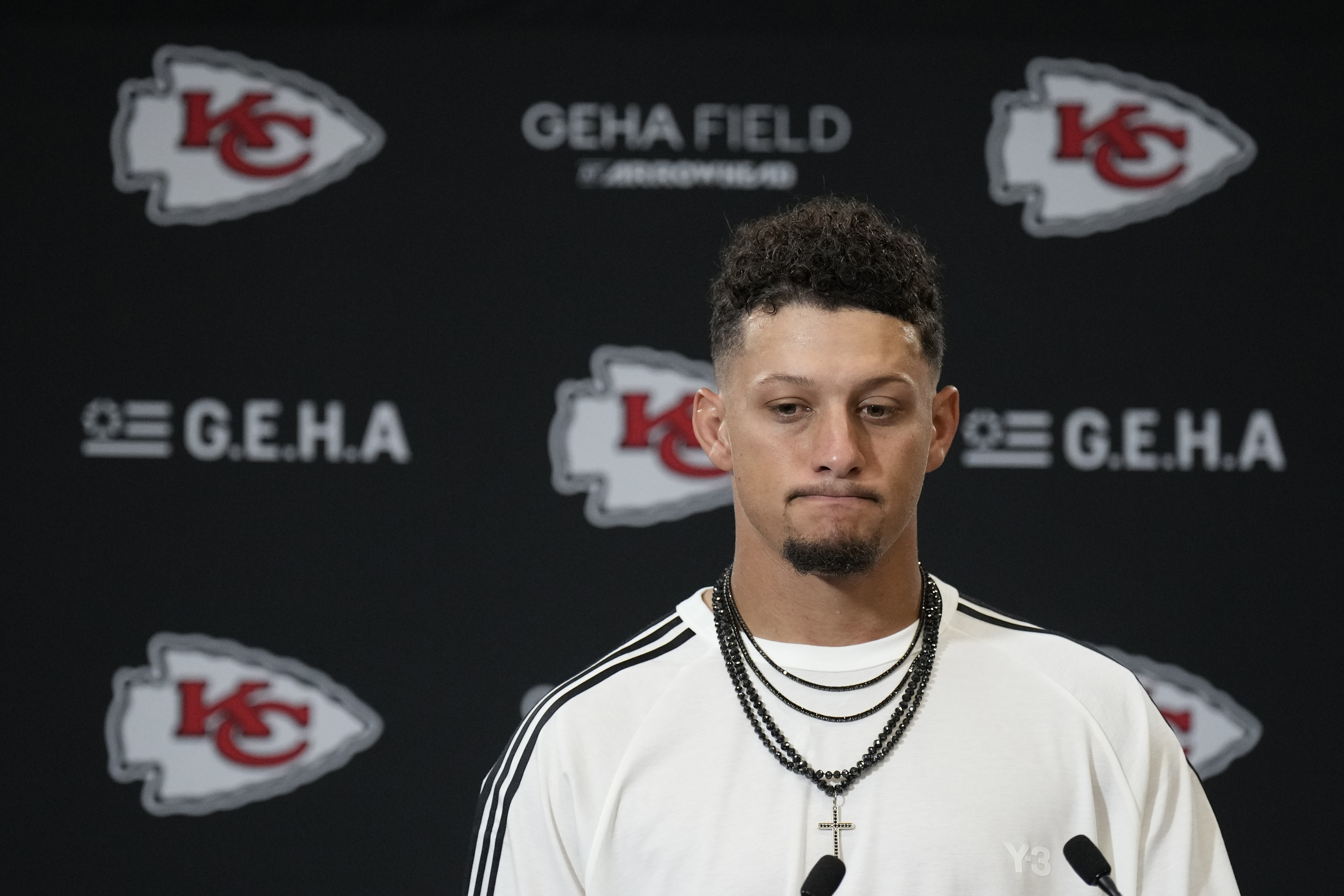 Kansas City Chiefs quarterback Patrick Mahomes speaks during a news conference following an NFL football game against the Philadelphia Eagles Sunday, Sept. 14, 2025, in Kansas City, Mo. (AP Photo/Charlie Riedel)