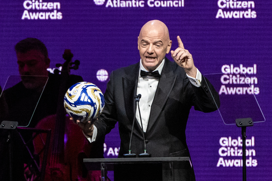 President of the Federation Internationale de Football Association (FIFA) Gianni Infantino speaks at the Global Citizen Awards ceremony, Wednesday, Sept. 24, 2025, in New York. (AP Photo/Stefan Jeremiah)