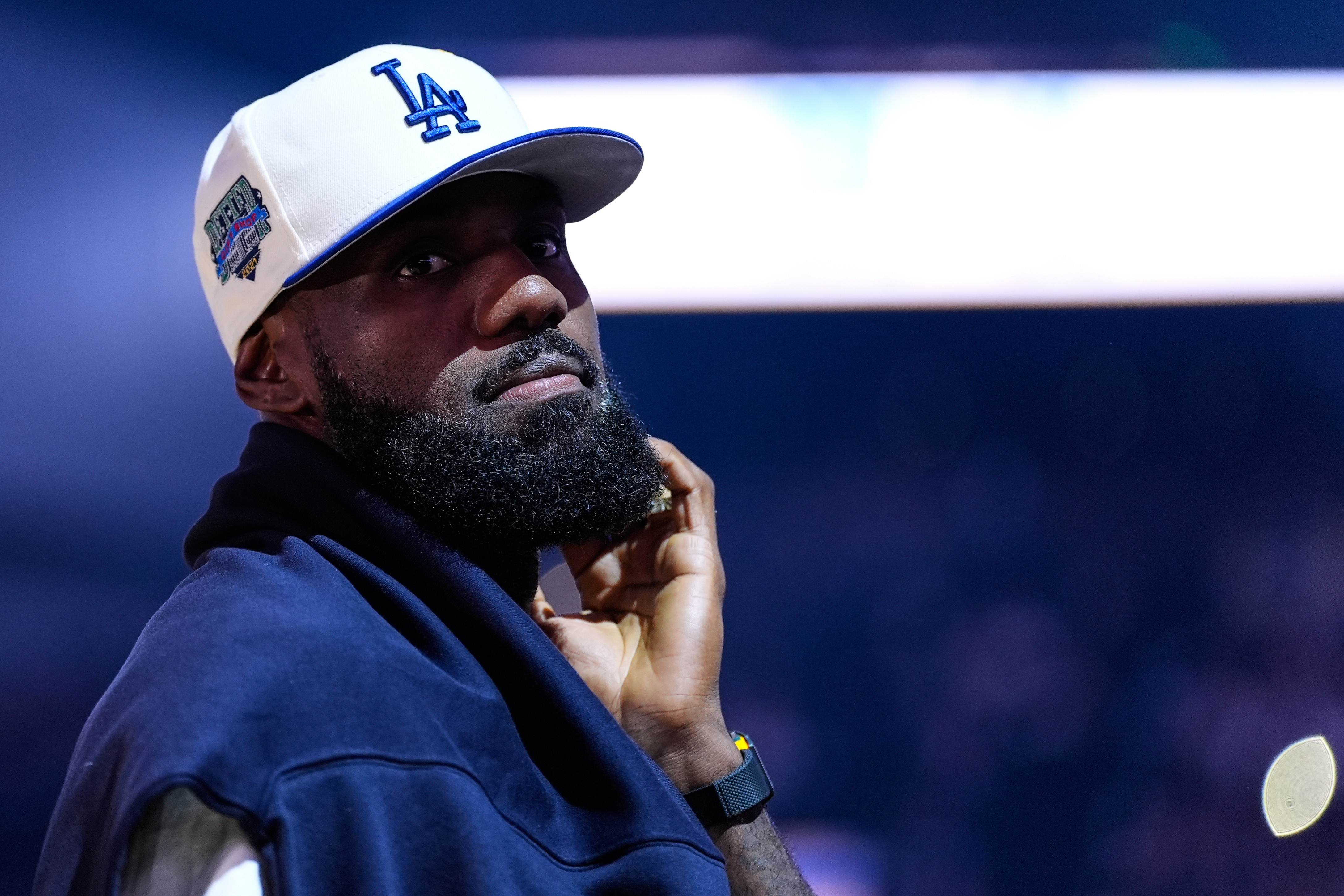 Los Angeles Lakers' Lebron James stands on the court before an NBA basketball preseason game against the Golden State Warriors, Sunday in San Francisco. (AP Photo/Godofredo A. Vásquez).