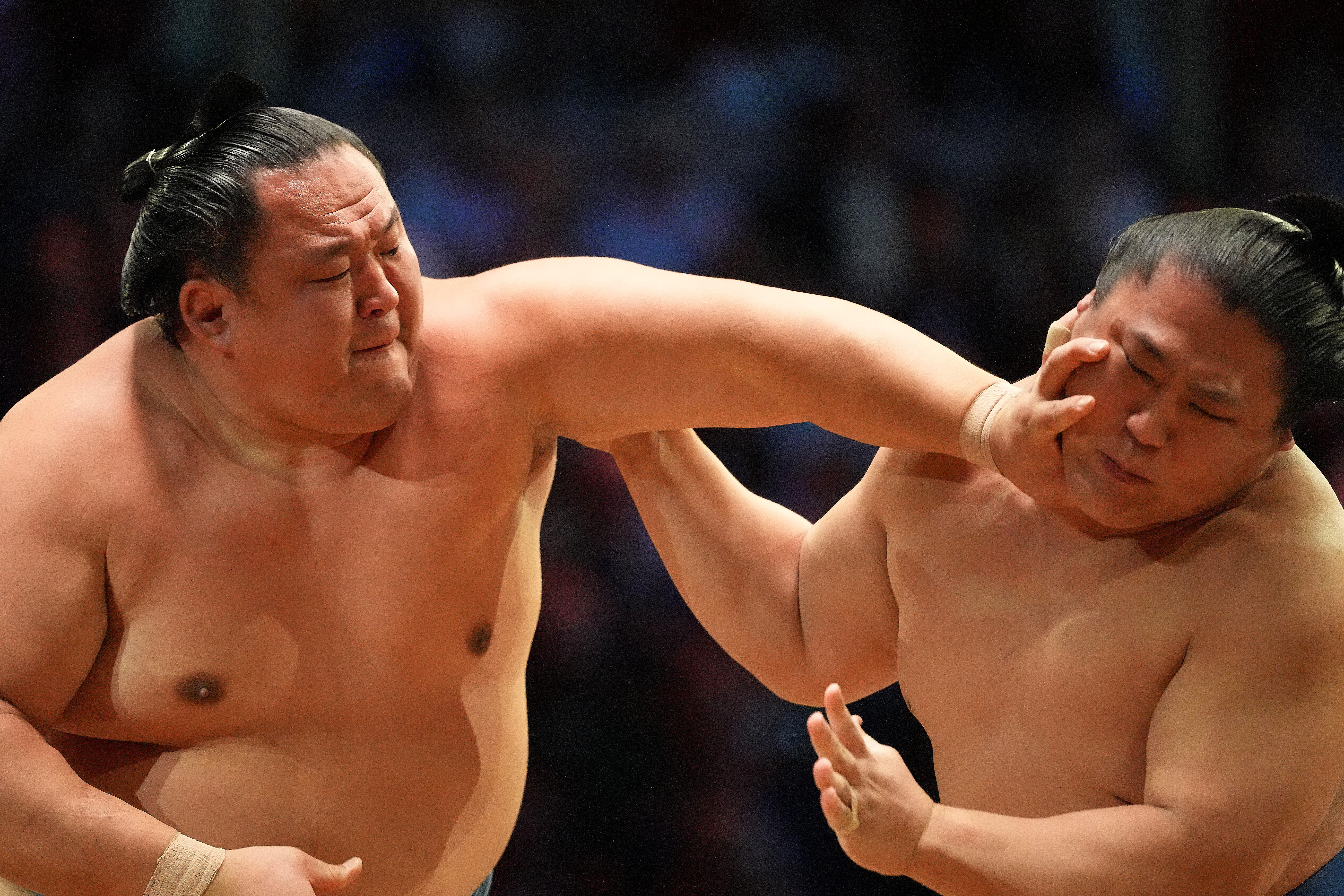 Two sumo fighters compete in London