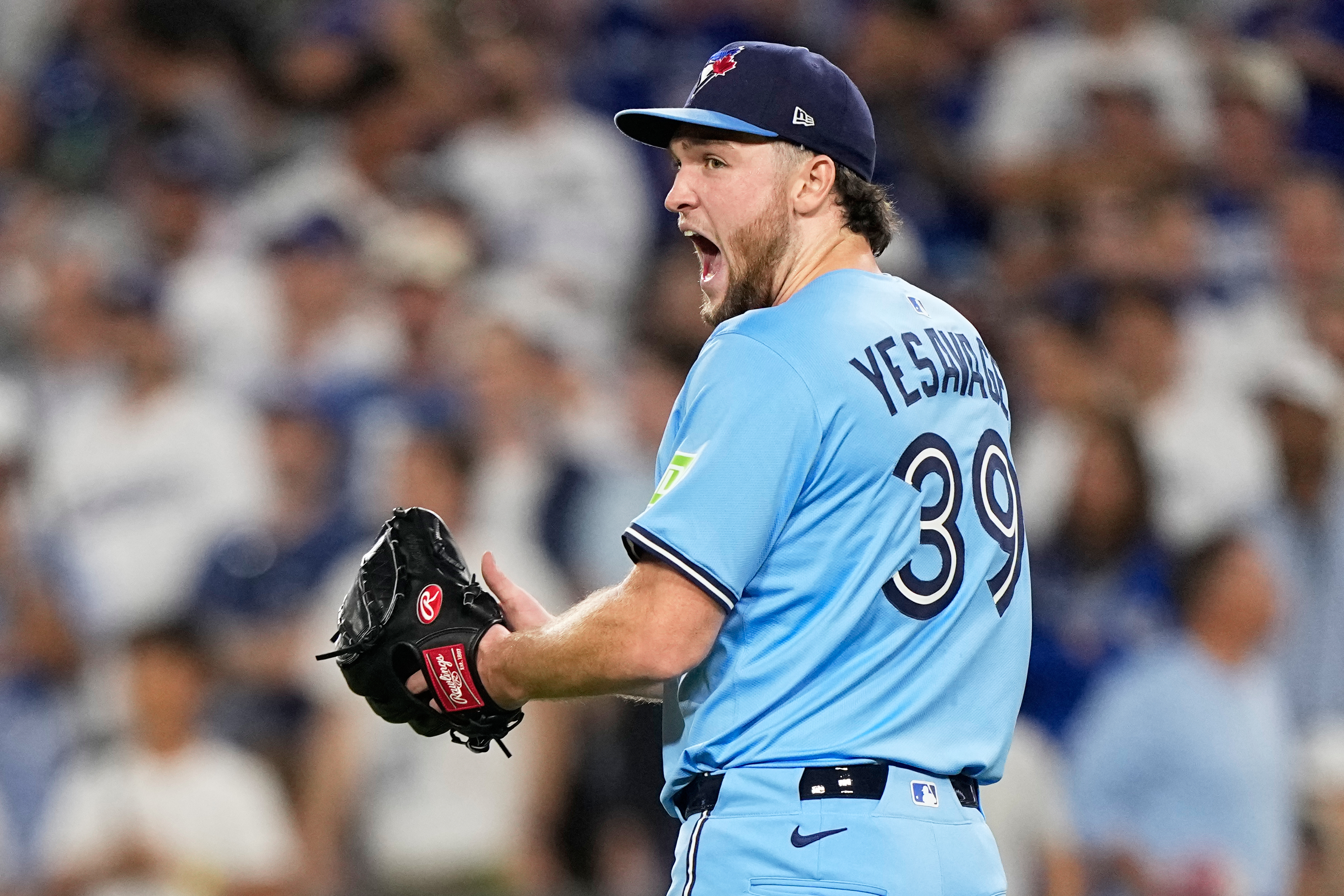 Toronto Blue Jays pitcher Trey Yesavage celebrates the end on the seventh inning in Game 5 of baseball's World Series against the Los Angeles Dodgers, Wednesday, in Los Angeles.