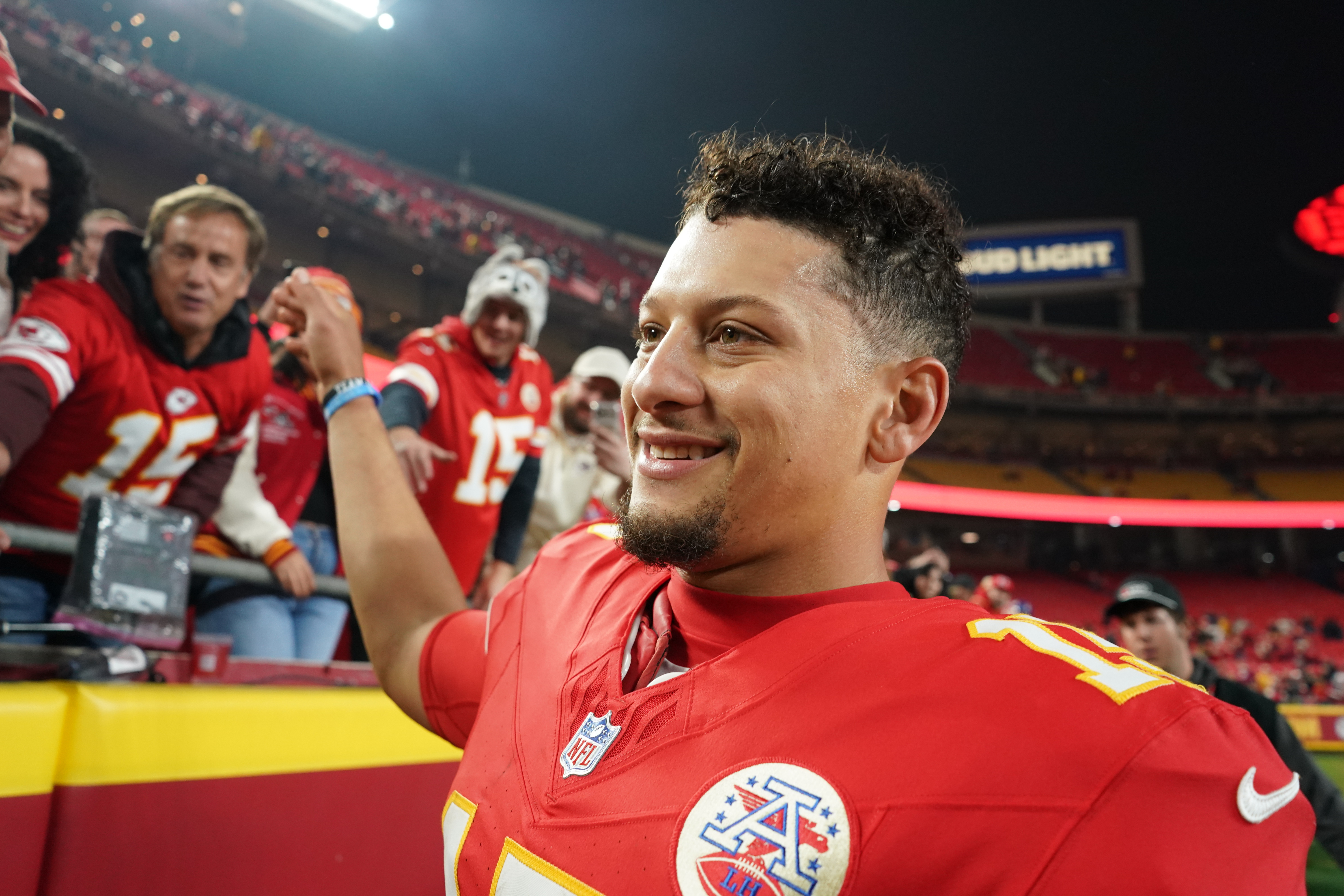Kansas City Chiefs quarterback Patrick Mahomes smiles following an NFL football game against the Washington Commanders Monday, in Kansas City, Mo.