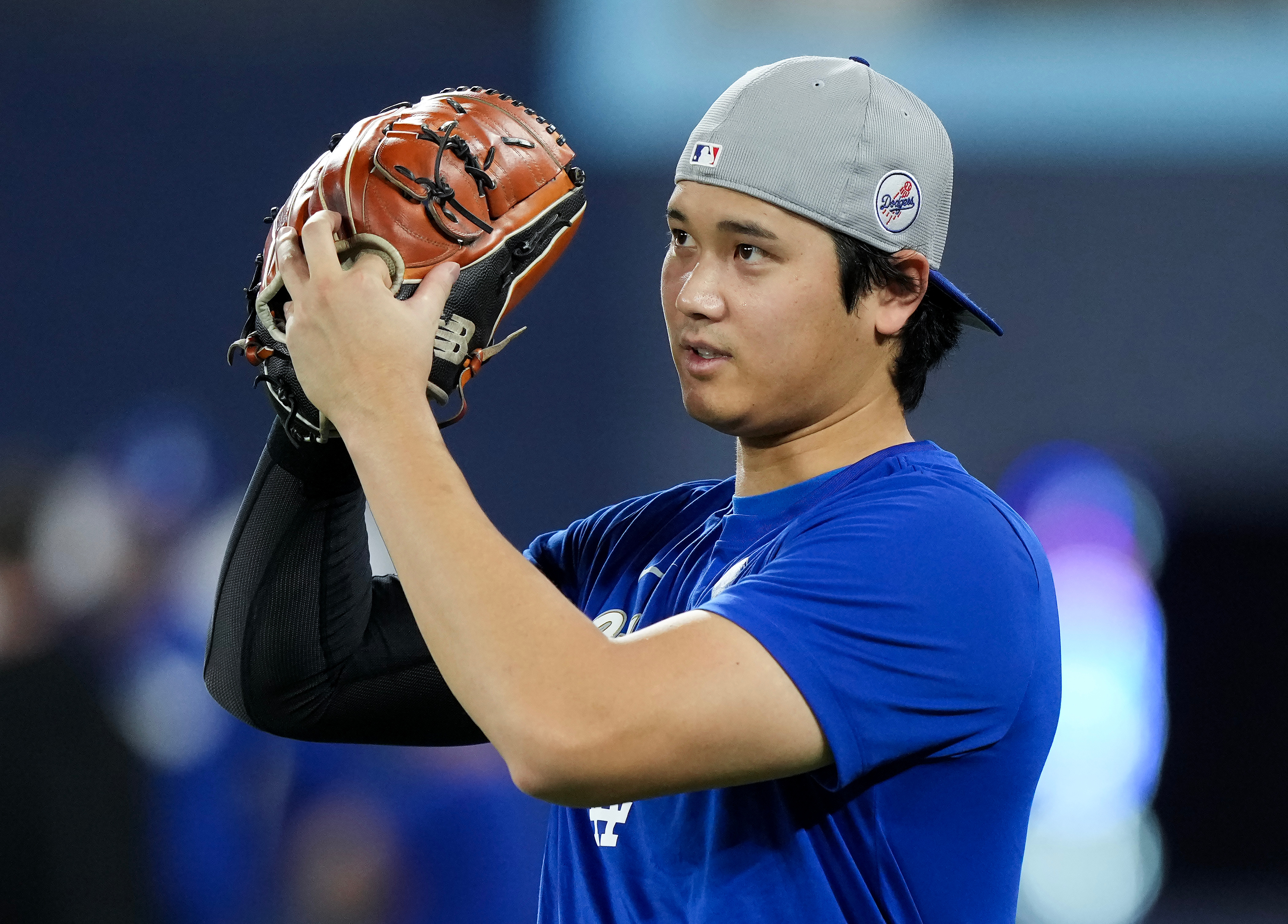 Los Angeles Dodgers' Shohei Ohtani rehearses his pitch during batting practice ahead of game 6 of the World Series against the Los Angeles Dodgers in Toronto on Thursday.