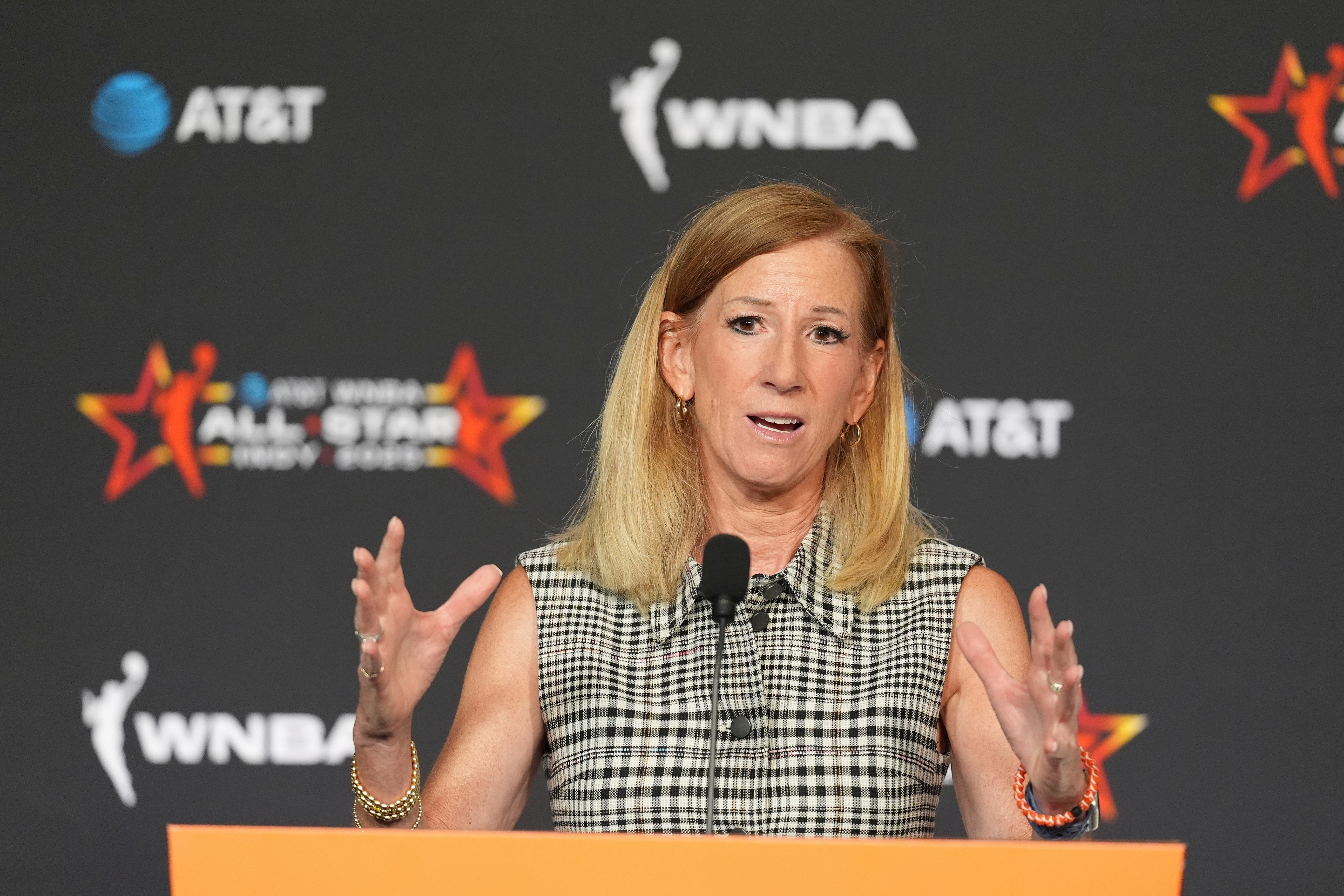 FILE - WNBA Commissioner Cathy Engelbert speaks during a news conference before the WNBA All-Star basketball game, July 19, 2025, in Indianapolis.