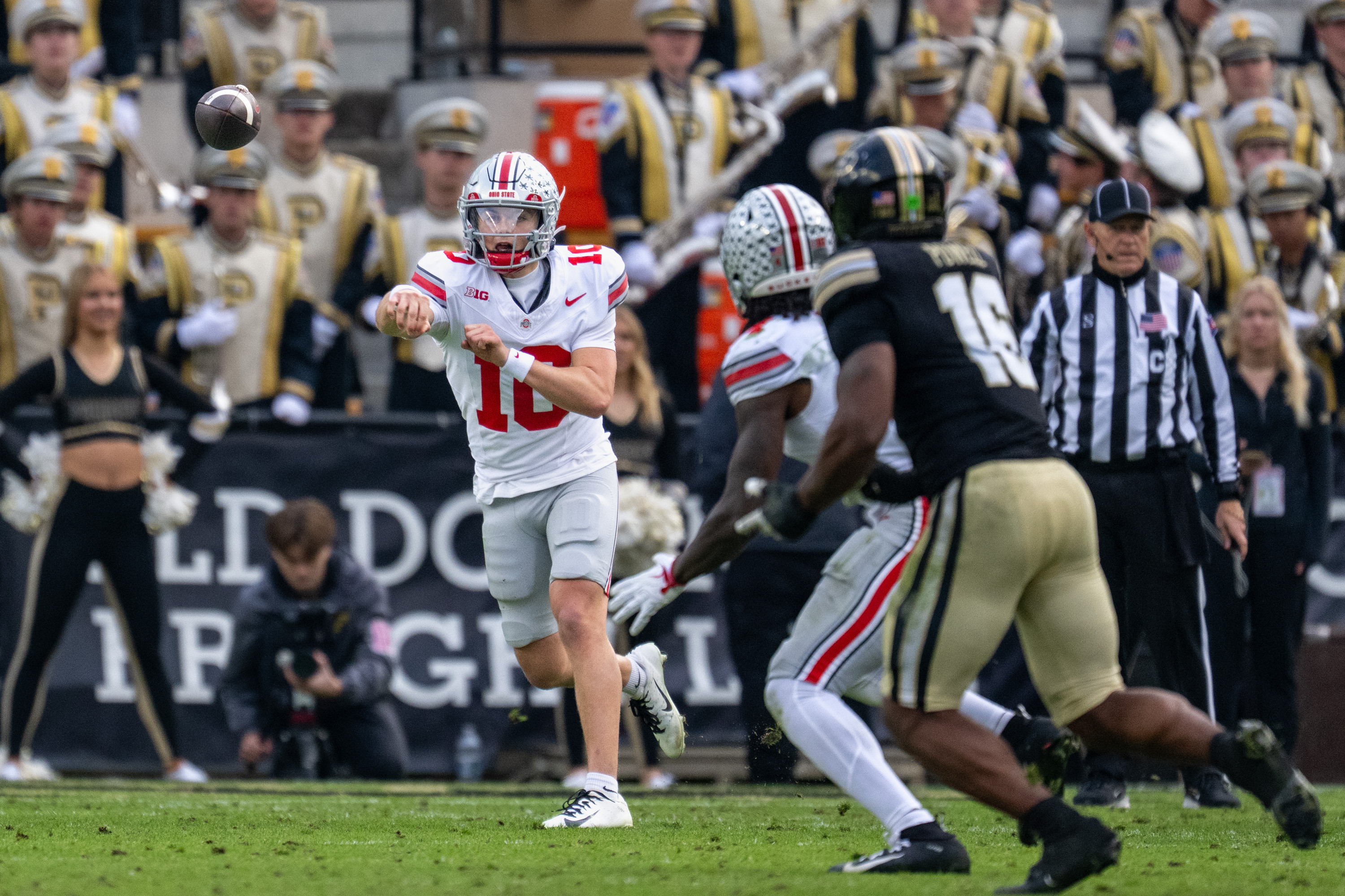 Ohio State quarterback Julian Sayin (10) throws a pass during the second half of an NCAA college football game against Purdue, Saturday, Nov. 8, 2025, in West Lafayette, Ind.
