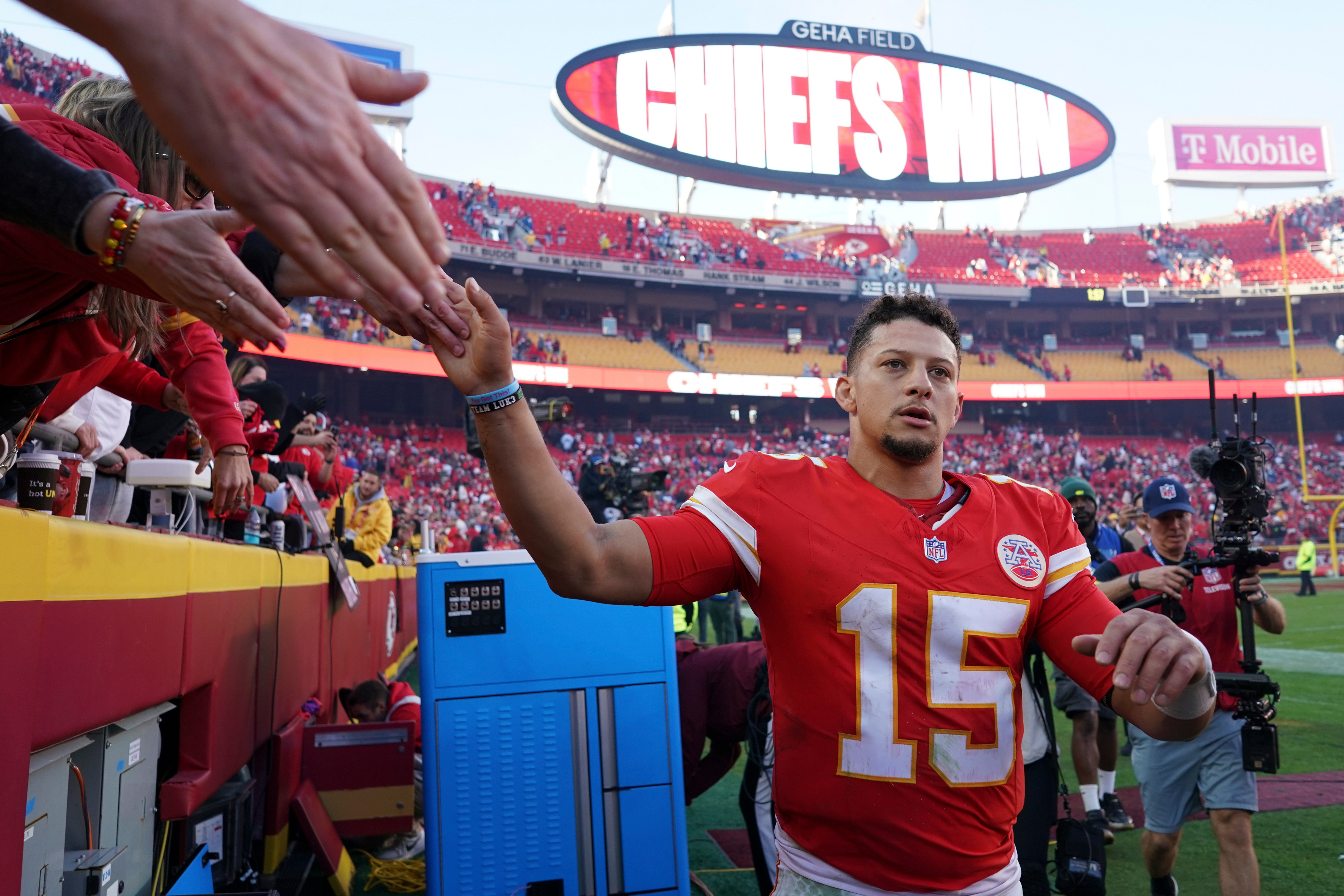 Kansas City Chiefs quarterback Patrick Mahomes (15) greets fans following an NFL football game against the Indianapolis Colts Sunday, Nov. 23, 2025, in Kansas City, Mo.