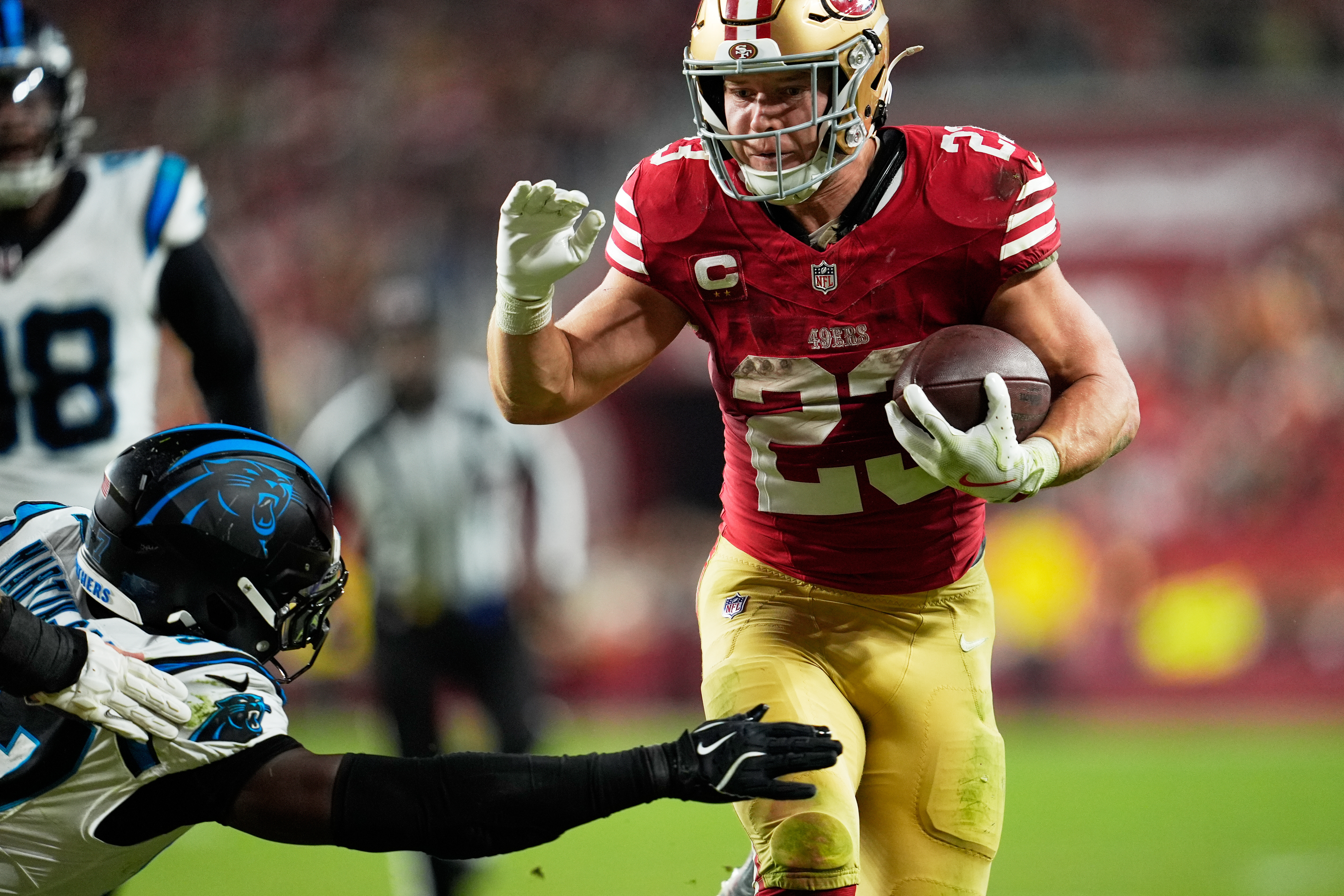 San Francisco 49ers running back Christian McCaffrey runs for a touchdown against the Carolina Panthers during the second half an NFL football game, Monday, Nov. 24, 2025, in Santa Clara, Calif.