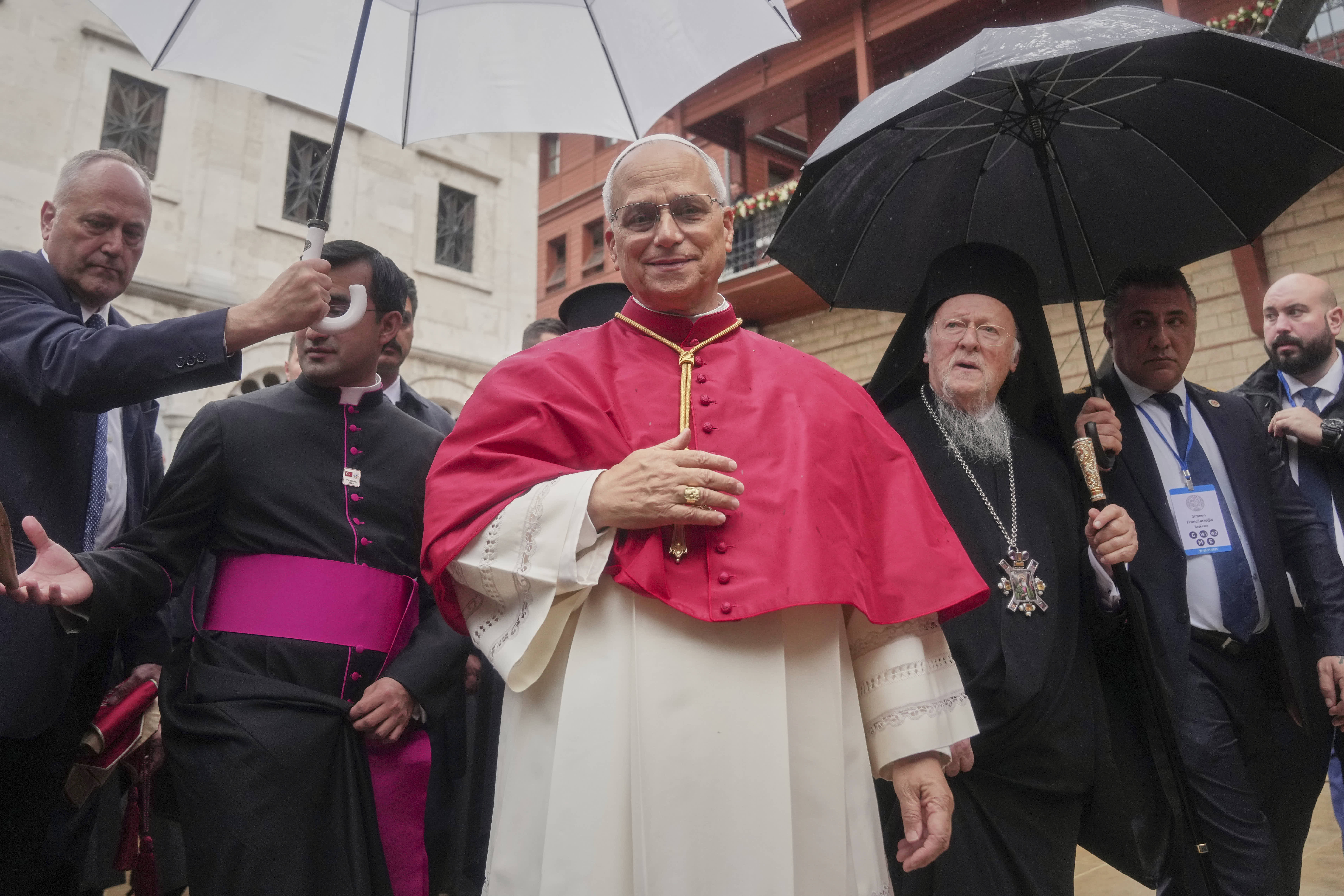 Pope Leo XIV departs from a doxology service in Istanbul, Turkey. 