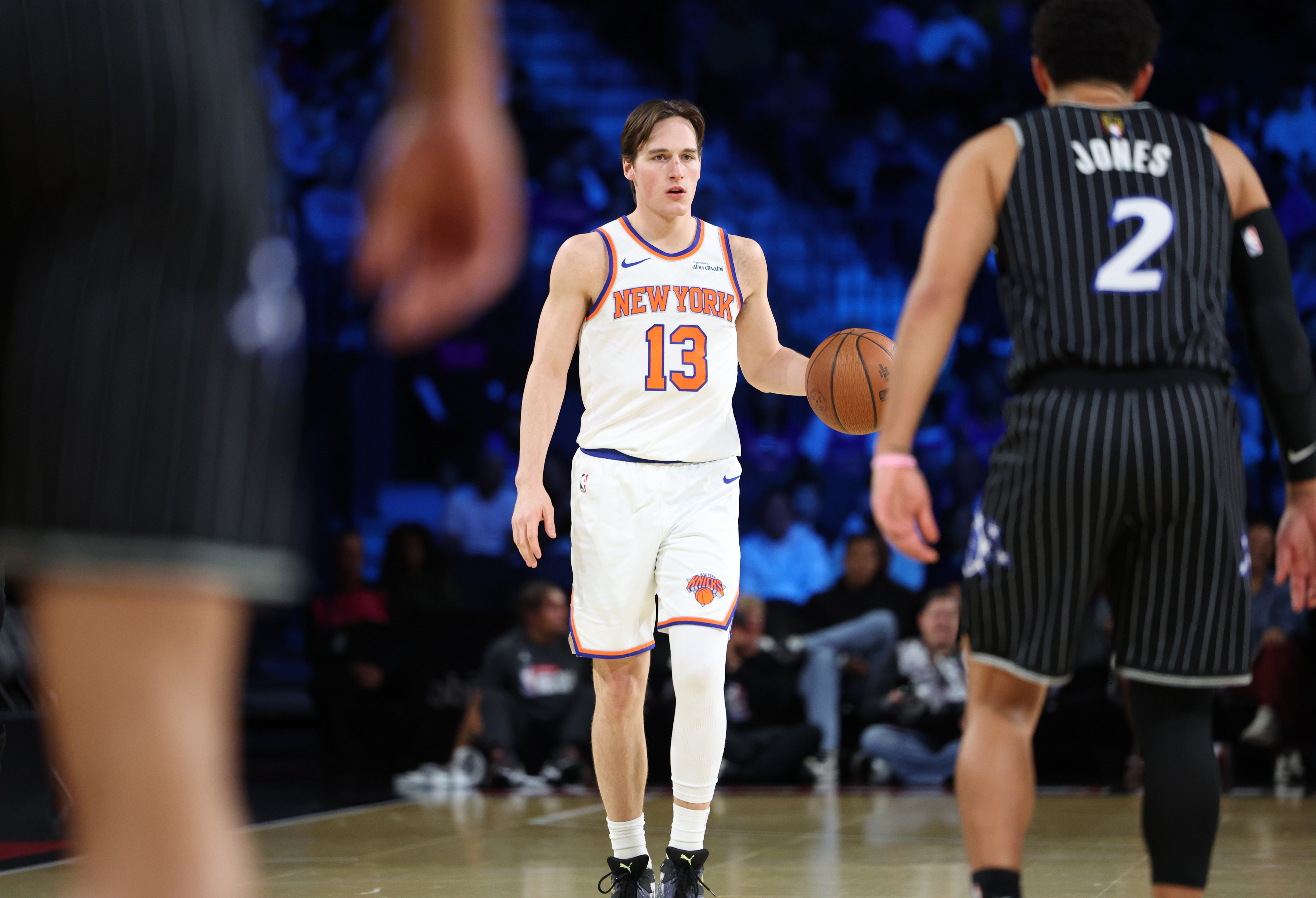 New York Knicks guard Tyler Kolek (13) dribbles the ball during the first half of an NBA Cup semifinals basketball game against the Orlando Magic, Saturday, Dec. 13, 2025, in Las Vegas. (AP Photo/Ronda Churchill)