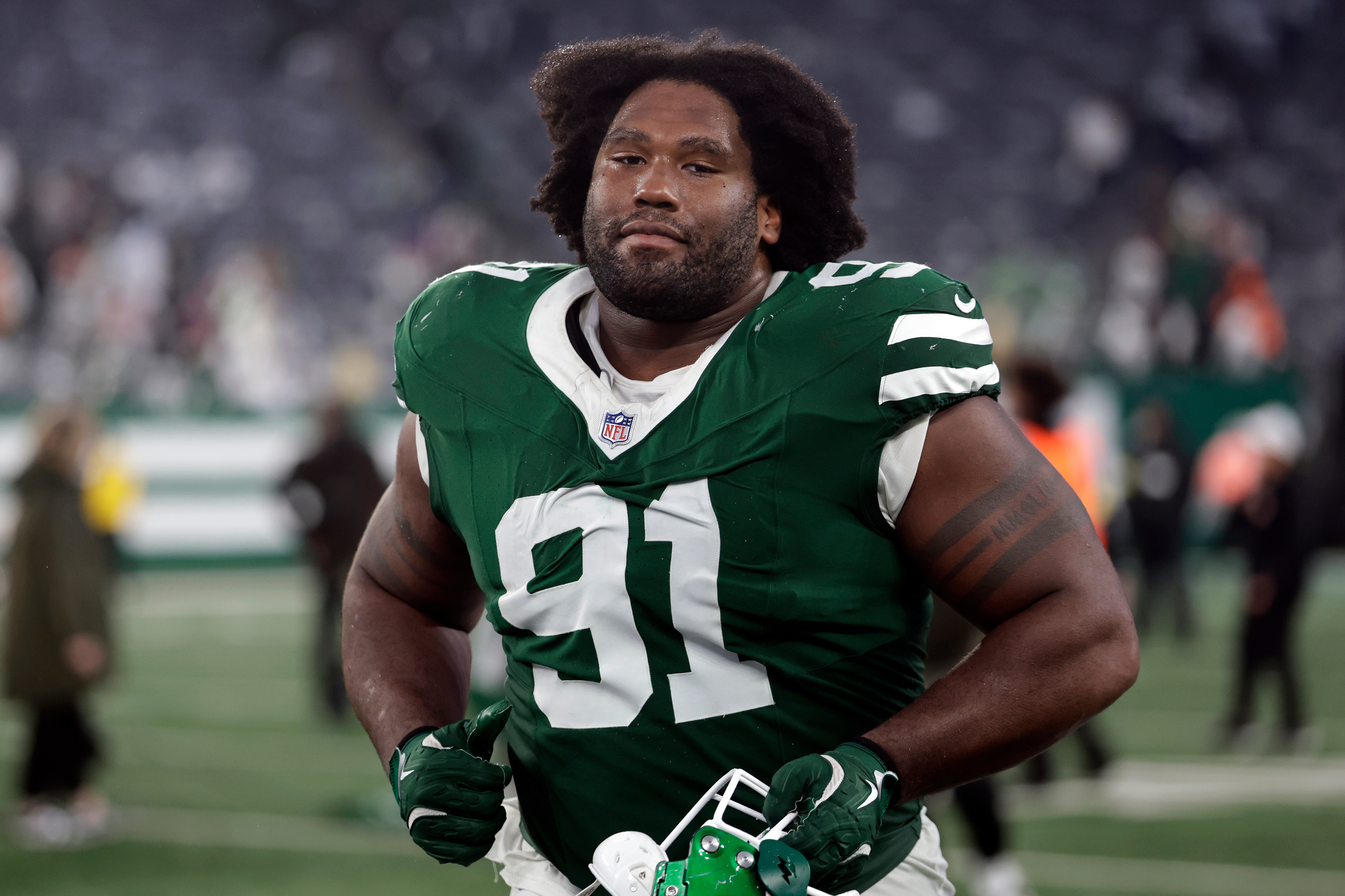 New York Jets defensive tackle Jowon Briggs (91) after an NFL football game against the Cleveland Browns, Sunday, Nov. 9, 2025, in East Rutherford, N.J. (AP Photo/Adam Hunger,File)