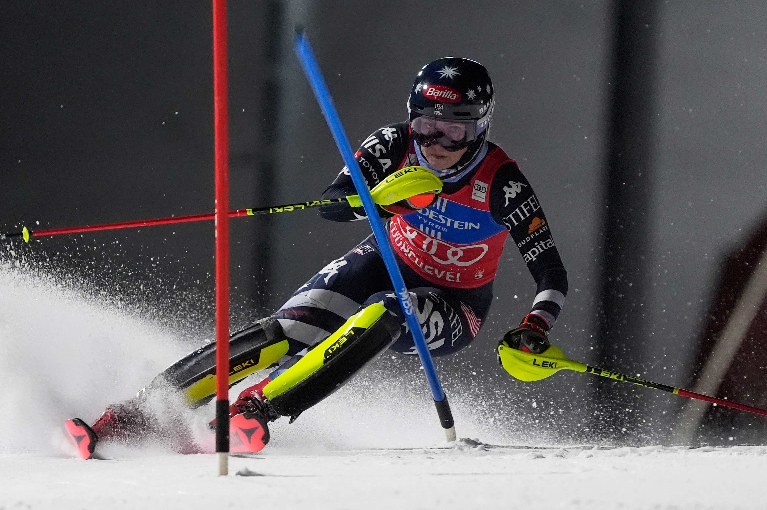 United States' Mikaela Shiffrin competes in an alpine ski, women's World Cup slalom, in Courchevel, France, Tuesday, Dec. 16, 2025. (AP Photo/Giovanni Auletta)