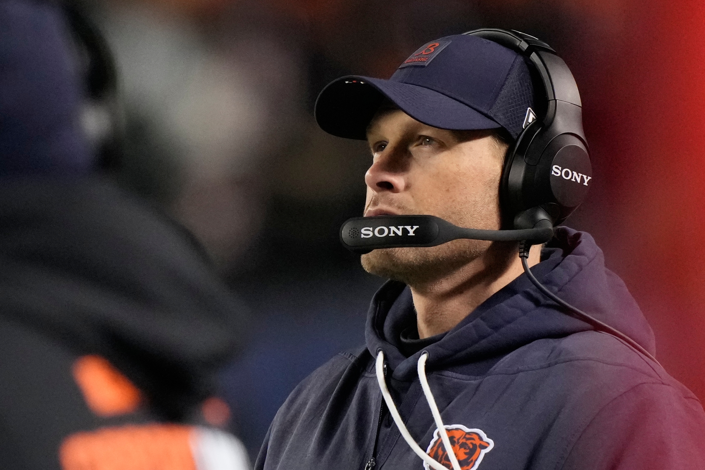 Chicago Bears head coach Ben Johnson watches during the first half of an NFL football game against the Green Bay Packers Saturday, Dec. 20, 2025, in Chicago.