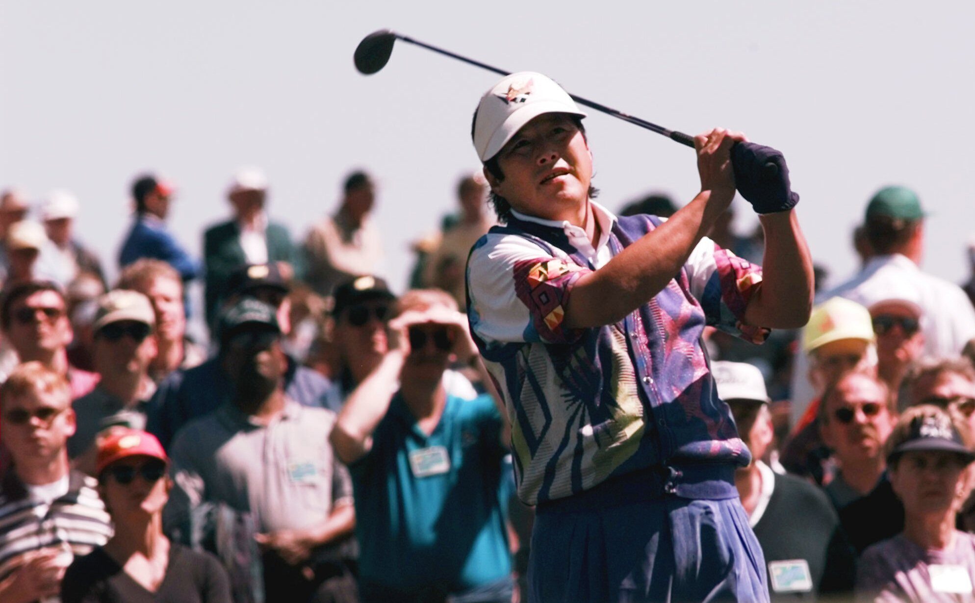 FILE - Japan's Jumbo Ozaki watches his tee shot on the third hole during his opening round of the Masters at the Augusta National Golf Club in Augusta, Ga., April 10, 1997.