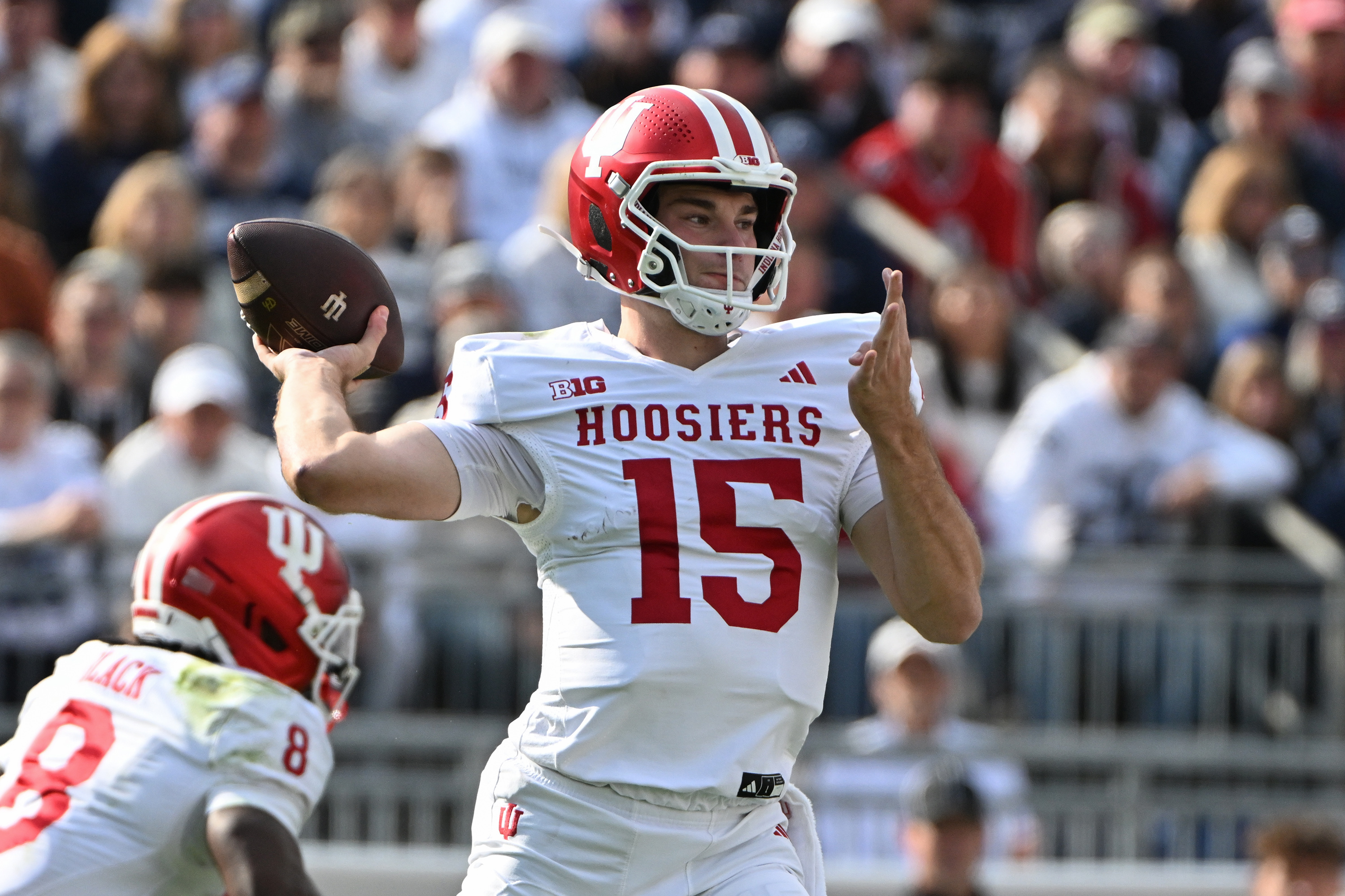 FILE - Indiana quarterback Fernando Mendoza (15) throws a pass during the first half of an NCAA college football game against Penn State , Saturday, Nov. 8, 2025, in State College, Pa.