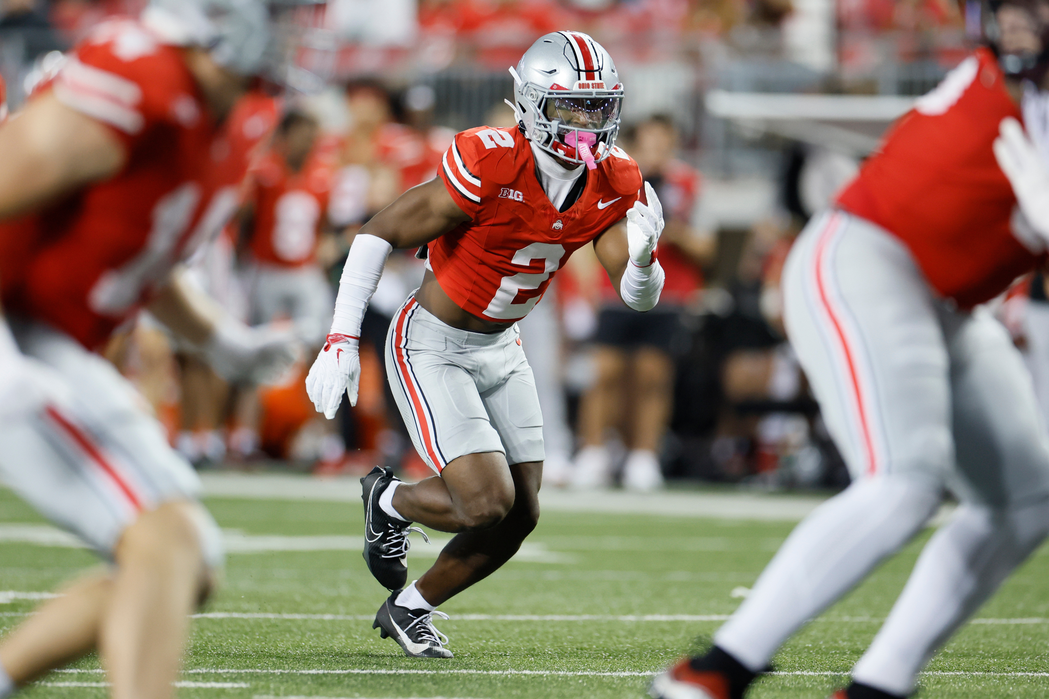 FILE - Ohio State defensive back Caleb Downs plays against Minnesota during an NCAA college football game, Saturday, Oct. 4, 2025, in Columbus, Ohio.