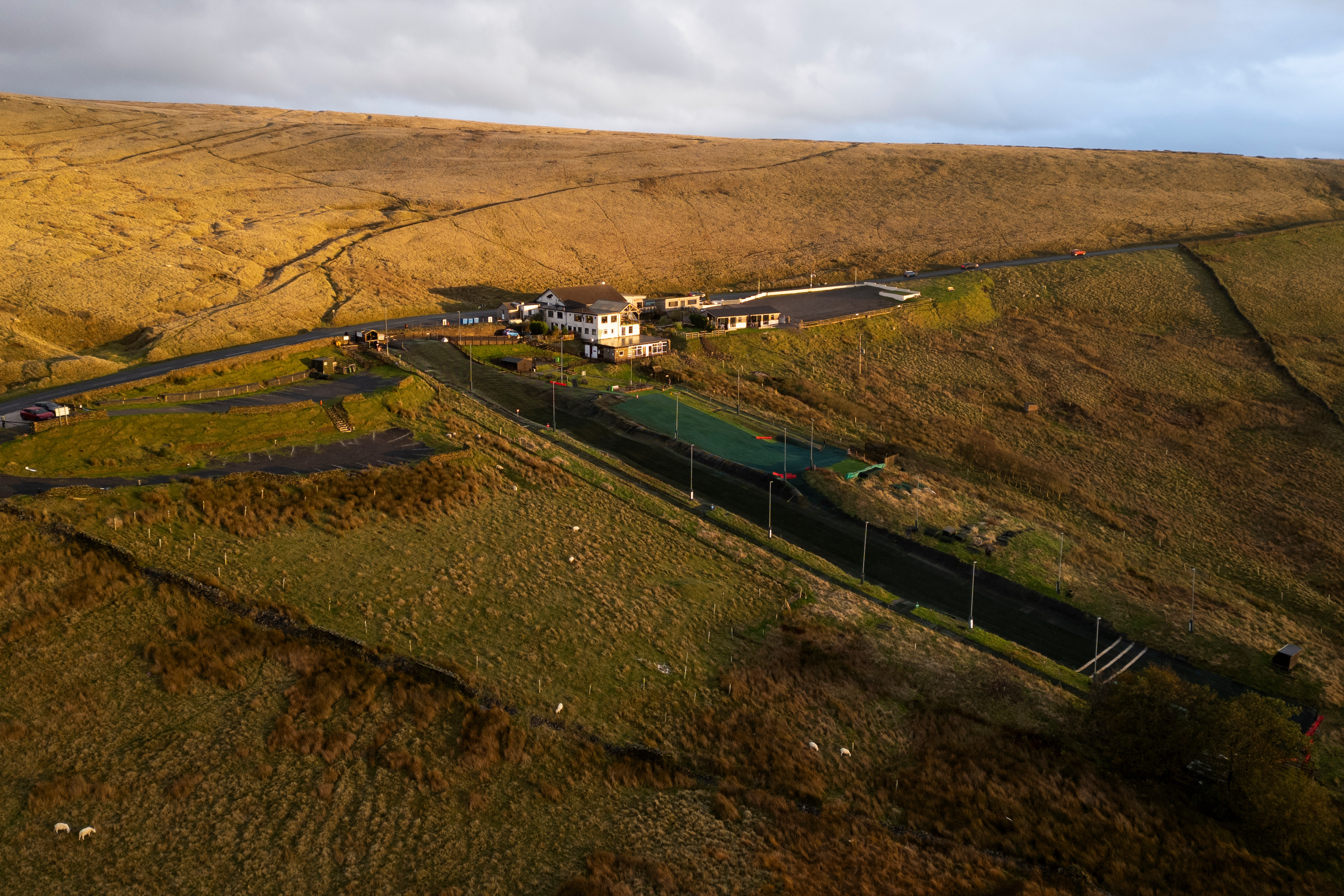 An aerial view of Pendle Ski Club before an inter-club ski meeting at the dry ski slope in Clitheroe, England, Tuesday, Oct. 28, 2025.