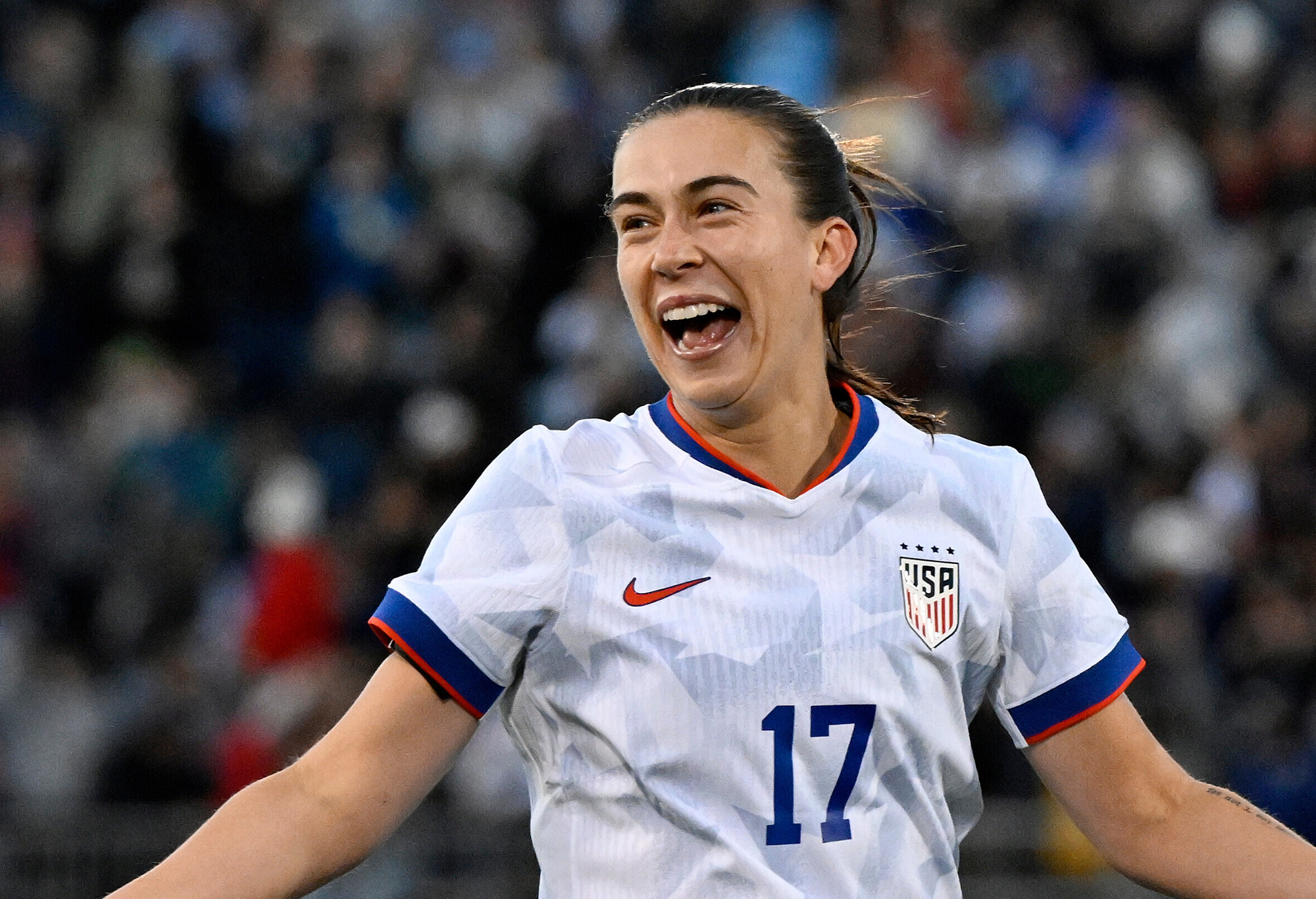 FILE - United States' Sam Coffey (17) celebrates after her goal during the second half of an international friendly women's soccer match against Portugal, Sunday, Oct. 26, 2025, in East Hartford, Conn.
