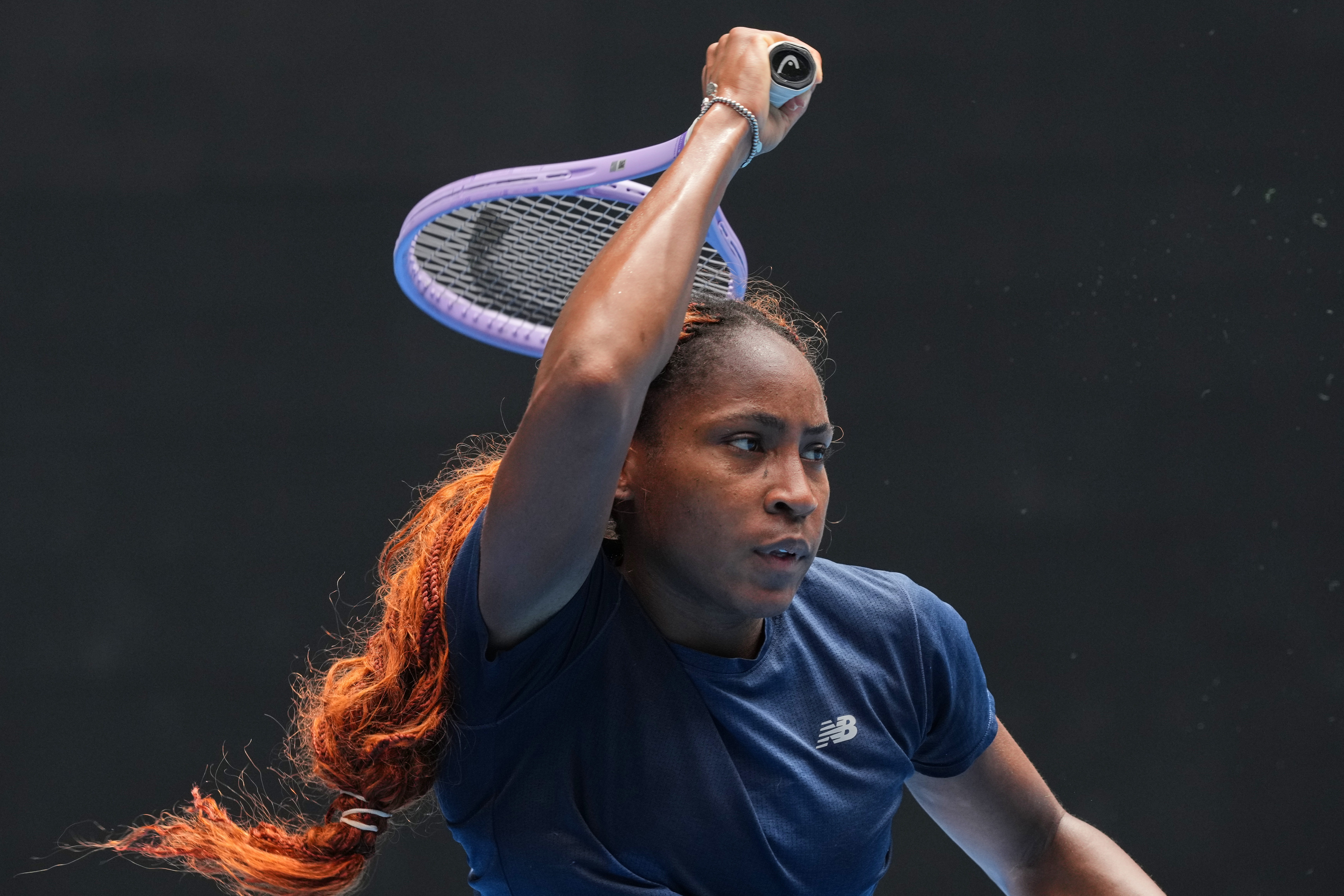 Coco Gauff of the United States plays a forehand return during a practice session ahead of the Australian Open tennis championship in Melbourne, Australia, Thursday, Jan. 15, 2026.