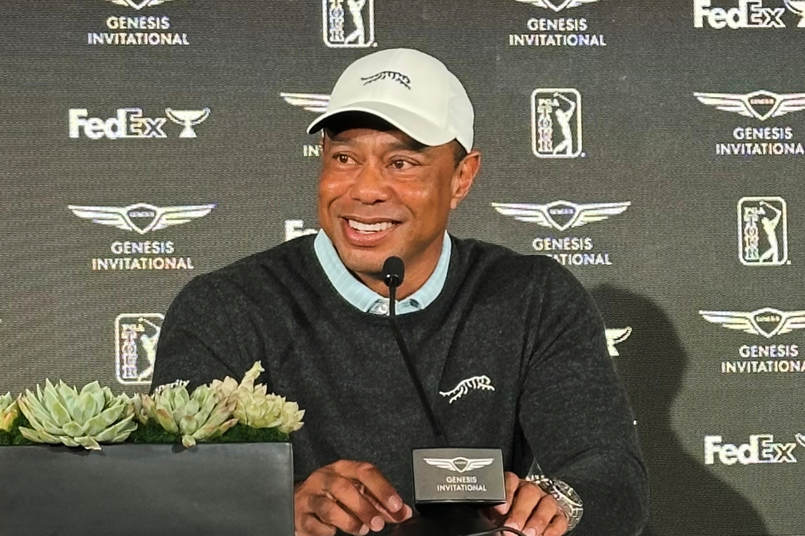 Tiger Woods speaks to the media at Riviera Country Club in Los Angeles, Tuesday, Feb. 17, 2026, ahead of the Genesis Invitational, where he is the tournament host.