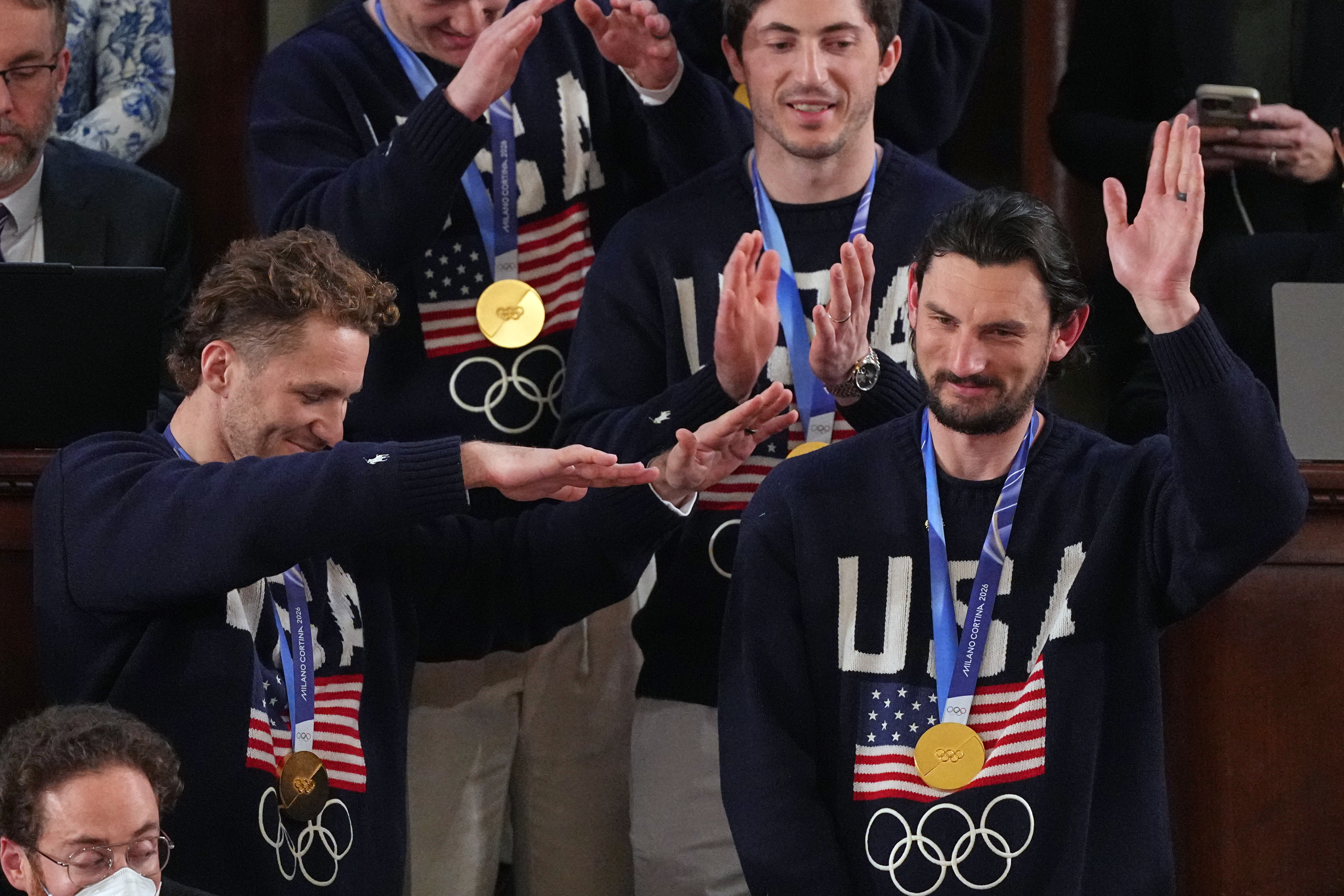 Members of the United States' hockey team attend as President Donald Trump delivers the State of the Union address to a joint session of Congress in the House chamber at the U.S. Capitol in Washington, Tuesday, Feb. 24, 2026.