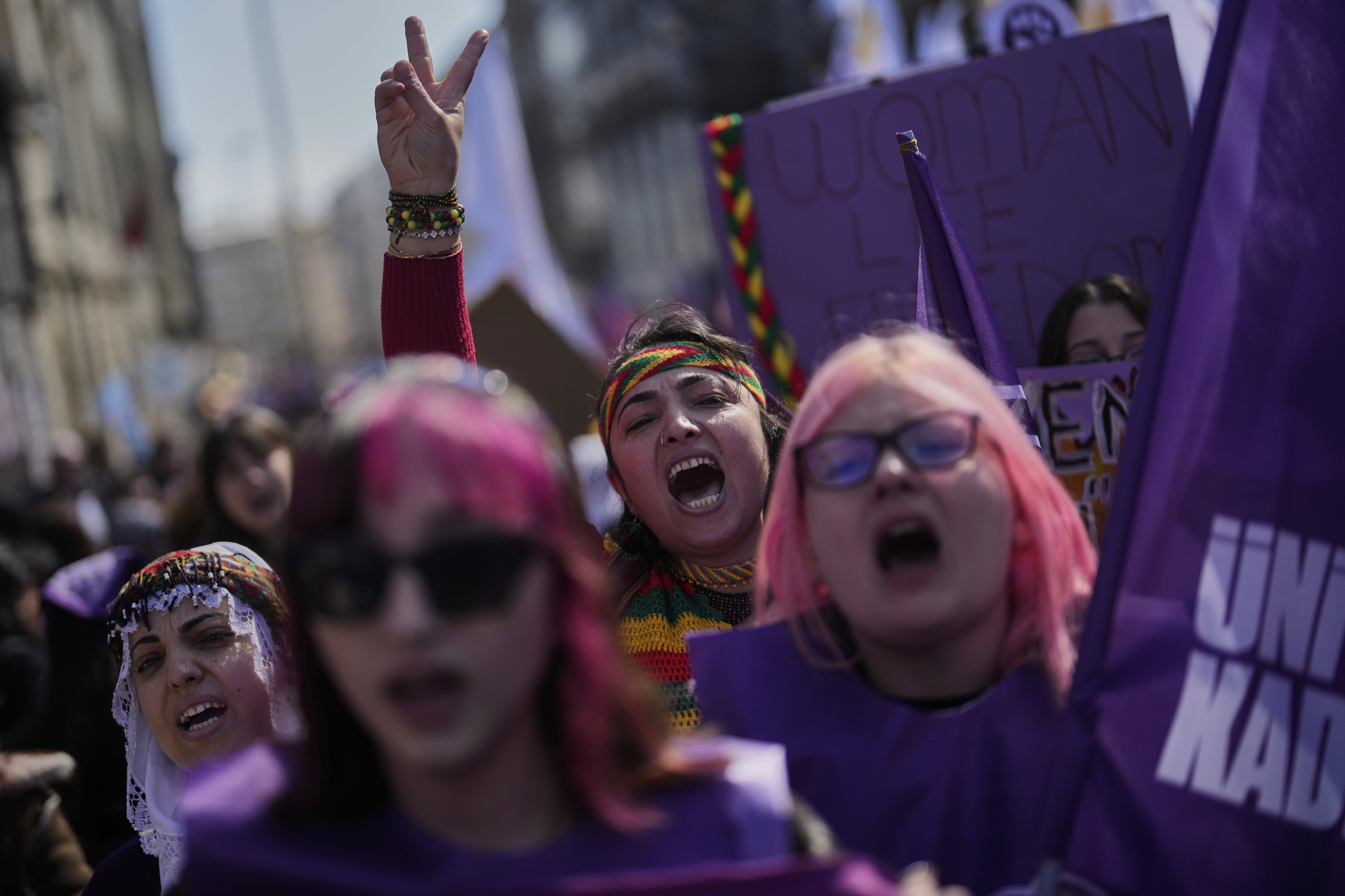 Women march in Istanbul, Turkey, marking International Women's Day.