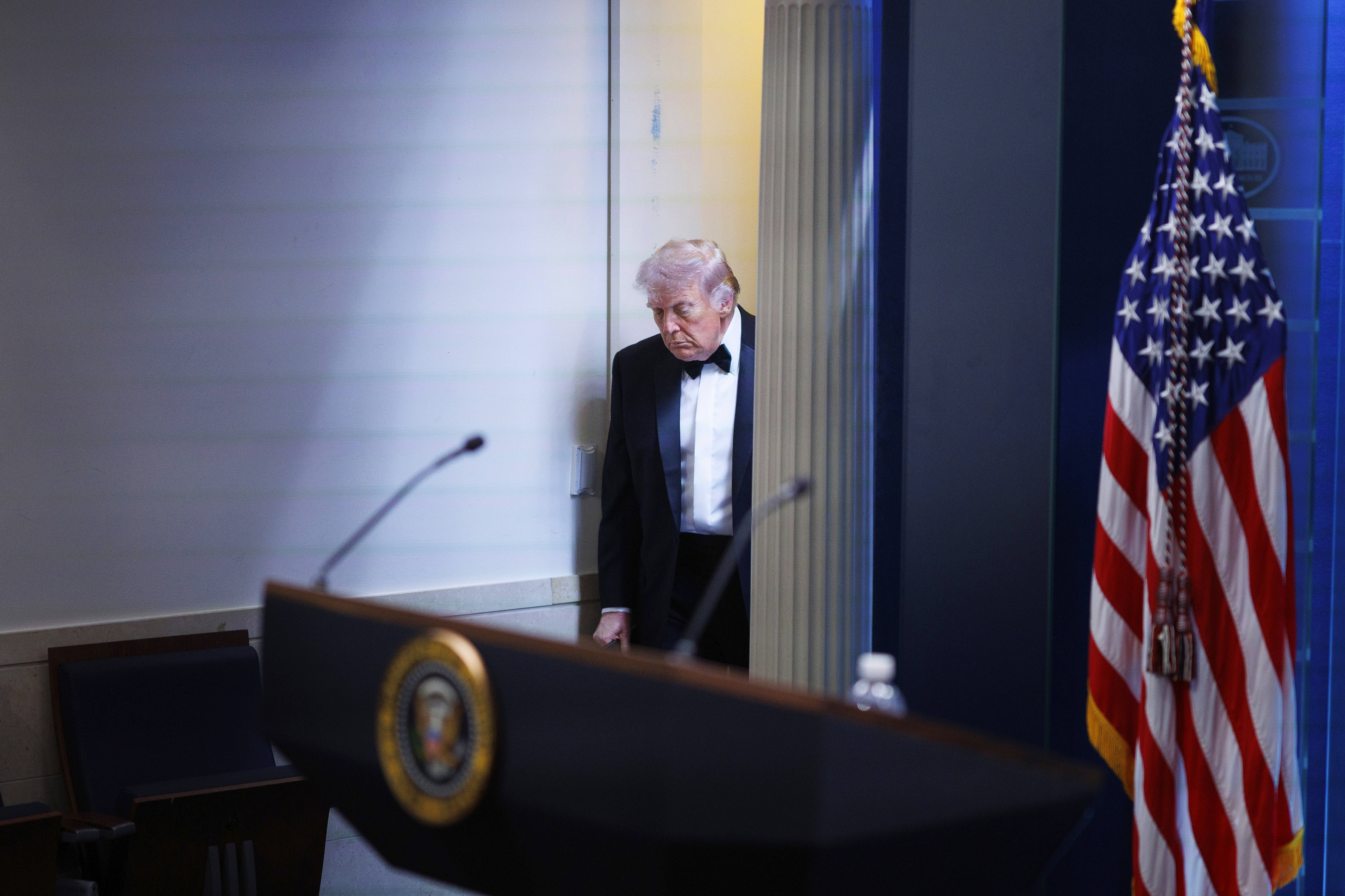President Donald Trump arrives at the James Brady Press Briefing Room in Washington.
