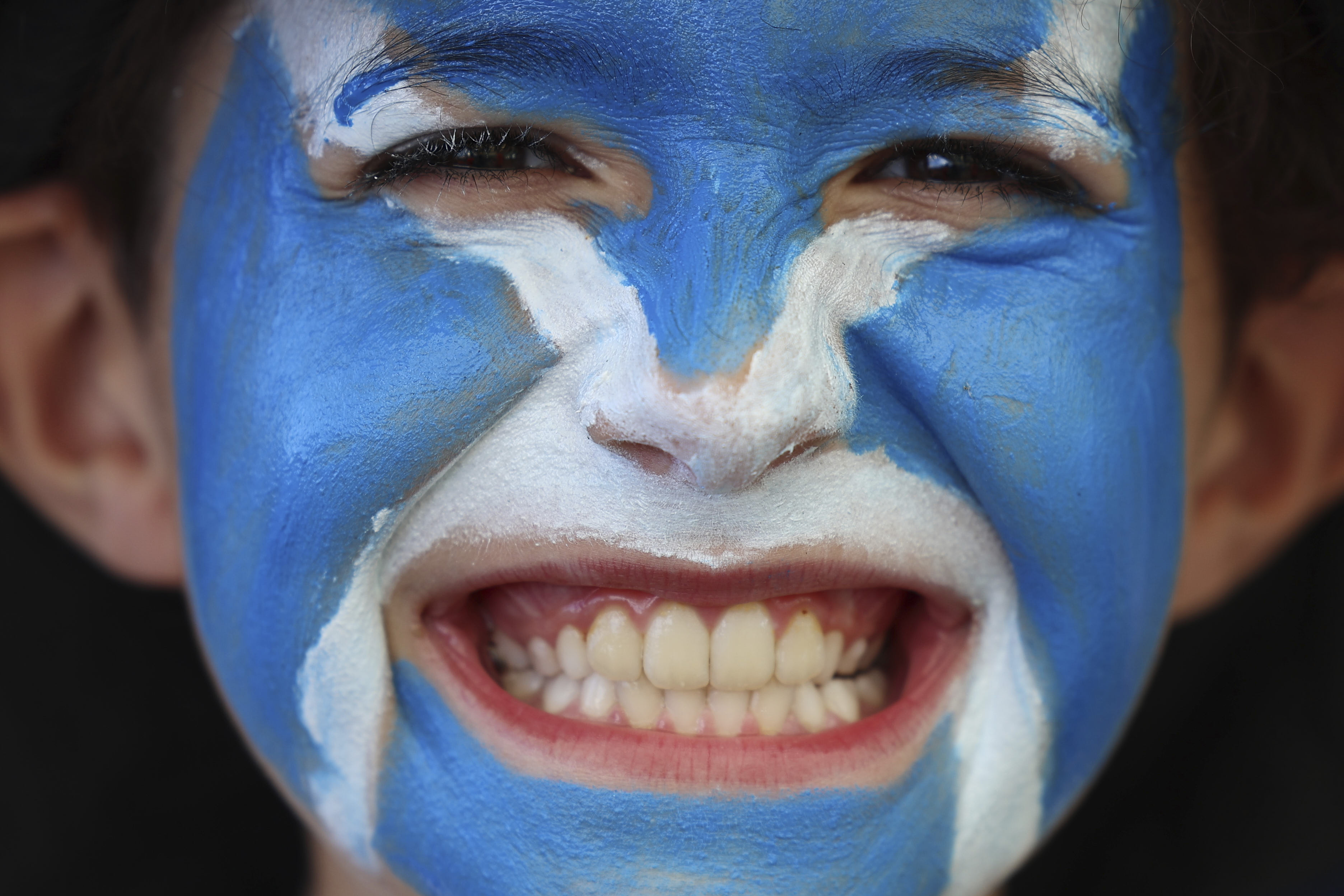 A Scotland fan smiles prior to the World Cup soccer match against Morocco in Foxborough, Mass..