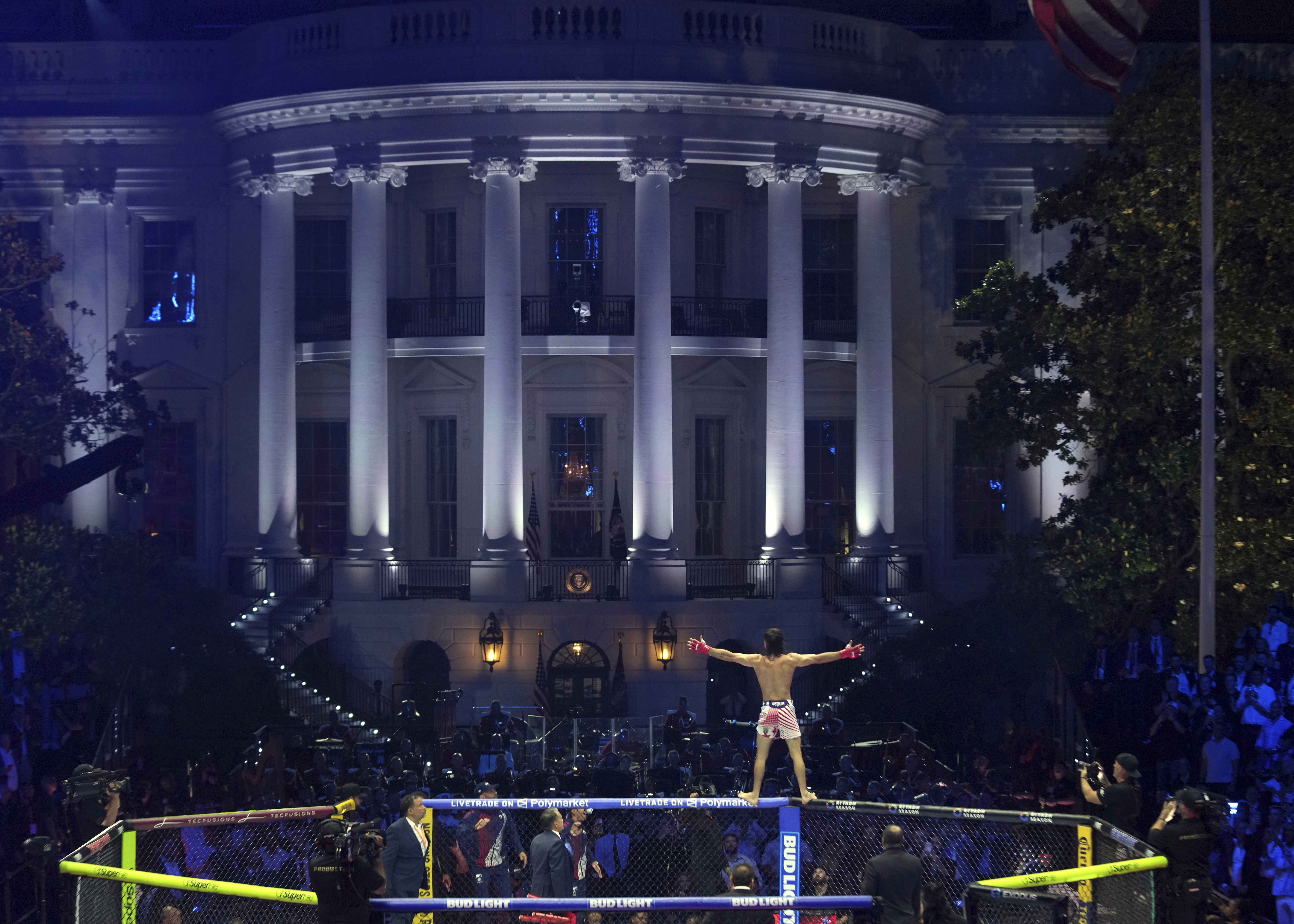 Diego Lopes celebrates during a featherweight bout against Steve Garcia at UFC Freedom 250 on the South Lawn of the White House.
