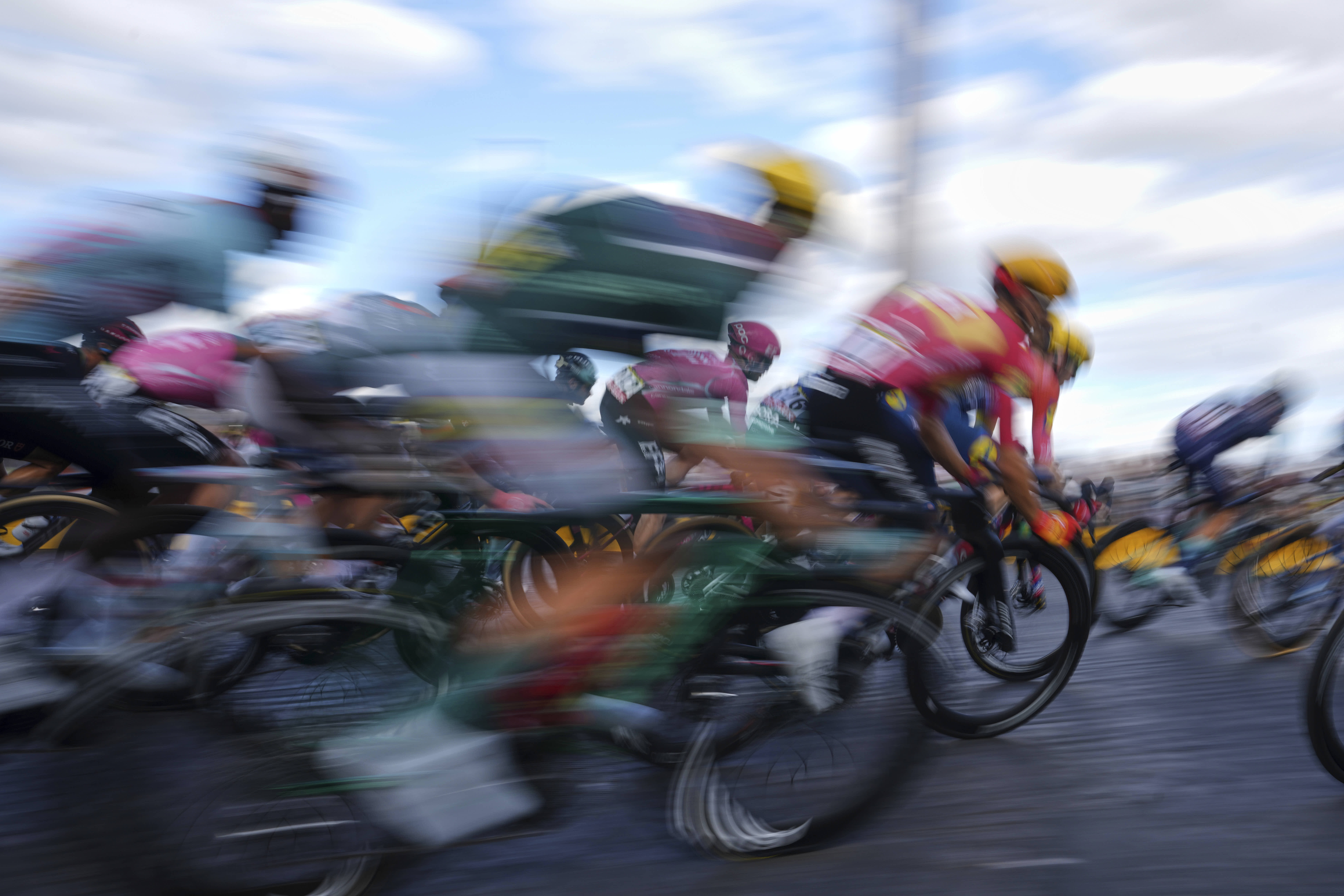 The pack rides during the last stage of the Tour de France cycling race in Paris.