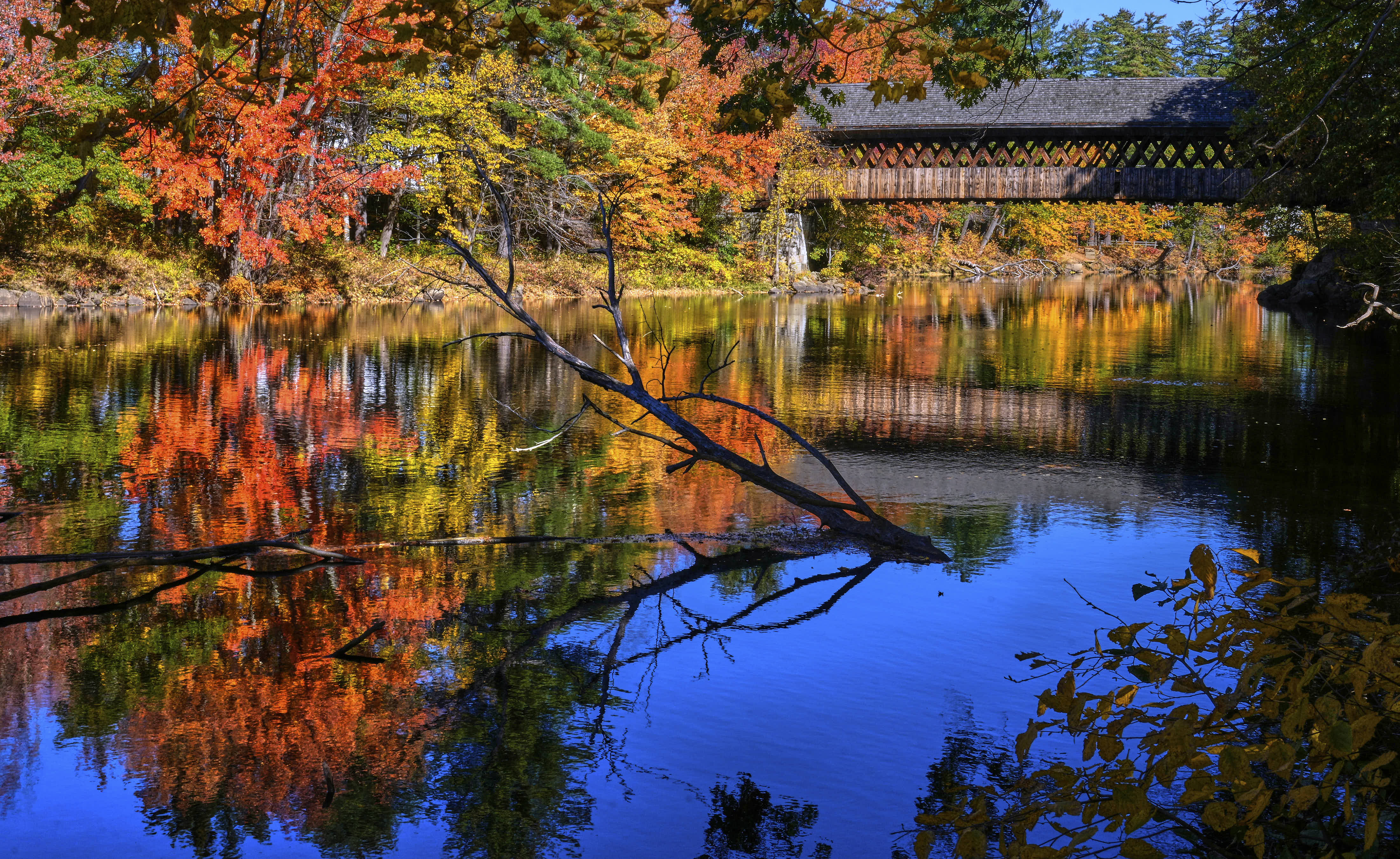  Fall foliage is mirrored in the still waters of the Contoocook River in Henniker, N.H. 