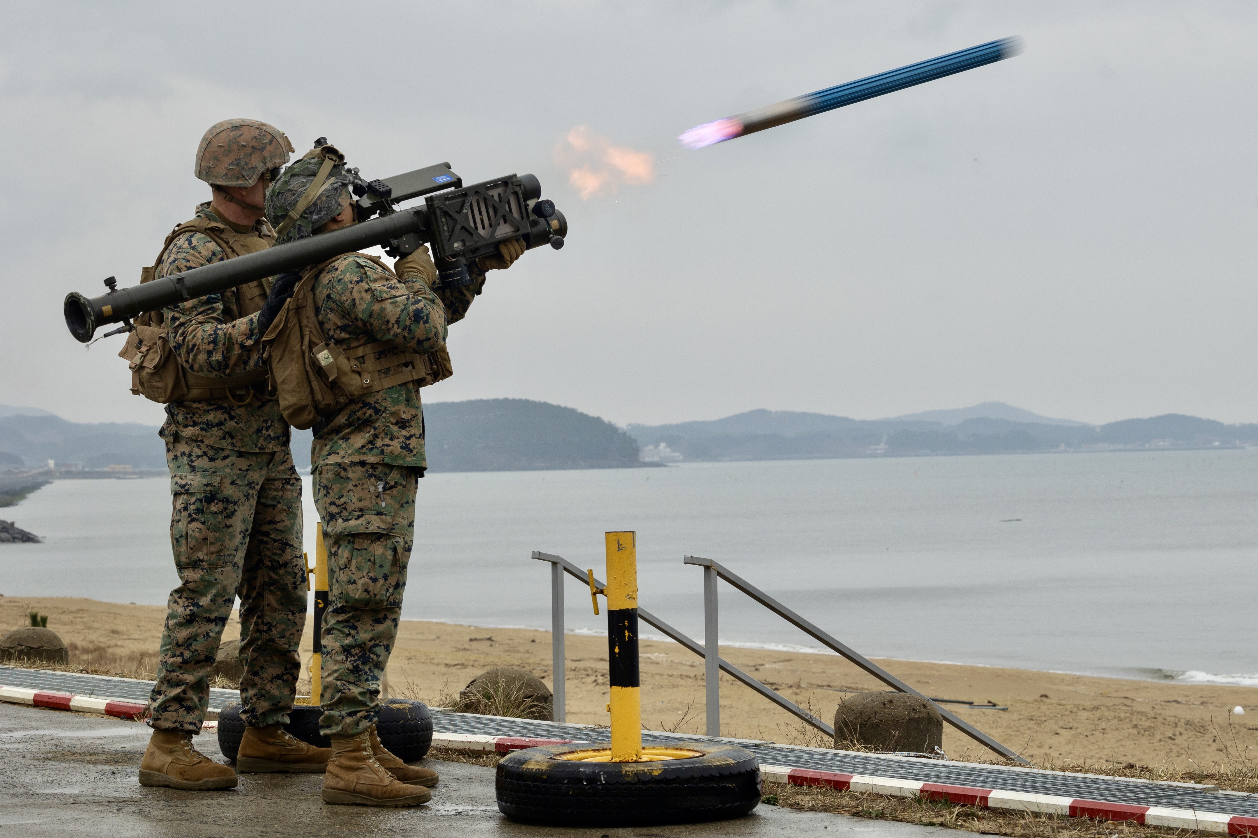 U.S. Marine Corps Cpl. Johnathan Saechao fires a Stinger Trainer Launch Simulator during Warrior Shield 24, Daecheon Firing Range, Republic of Korea, March 5, 2024.