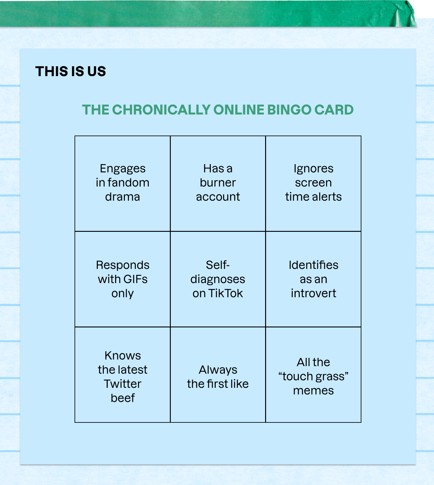THIS IS US | The Chronically Online Bingo Card | Engages in fandom drama | Has a burner account | Ignores screen time alerts | Responds with GIFs only | Self- diagnoses on Tik Tok | Identifies as an introvert | Knows the latest Twitter beef | Always the first like | All the "touch grass" memes