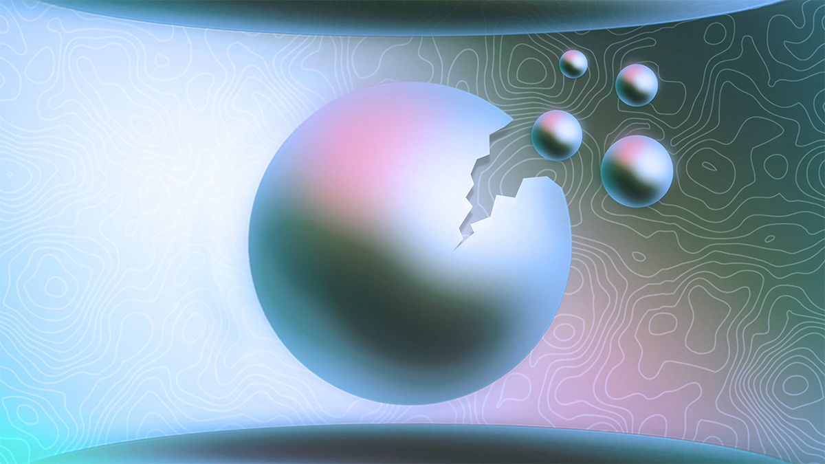 A large, metallic sphere with a jagged crack on its right side is surrounded by three smaller metallic spheres. The background features a gradient from light blue to dark green with abstract contour lines resembling topographic maps.