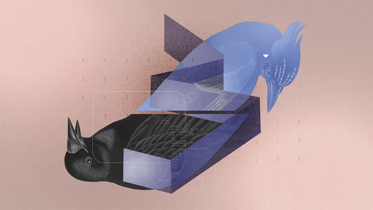 An illustration of a holographic looking bird looking down at another bird.