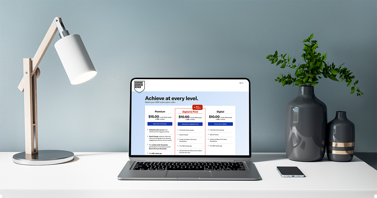 A laptop displaying the HBR subscriptions webpage.
