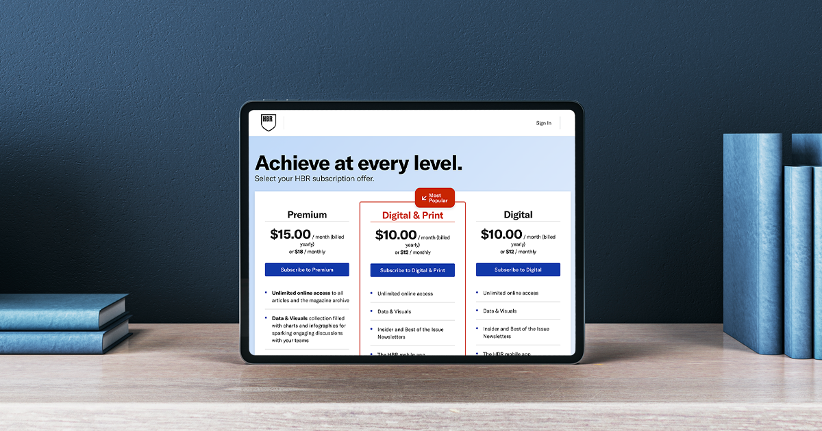 A tablet displaying the HBR subscriptions webpage.