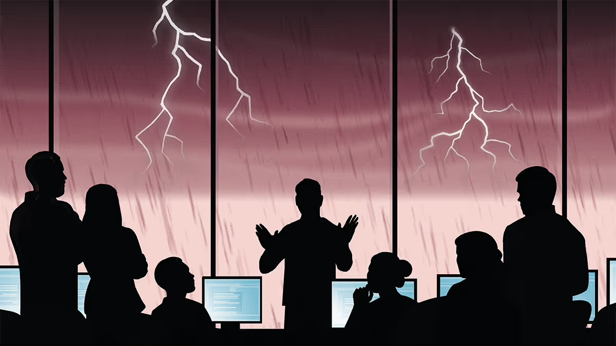 An illustration of people in an office with a lightning storm going on outside.
