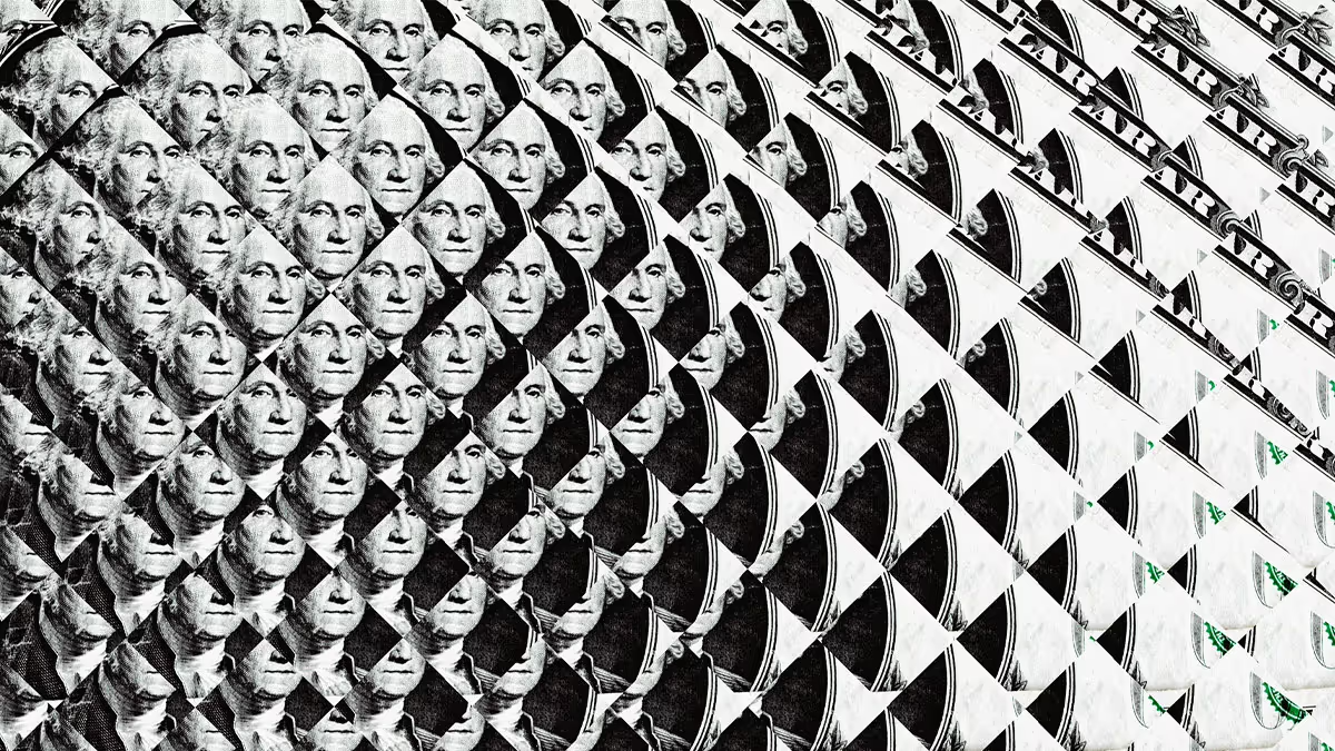 Collage of dollar bills in diamond shape.