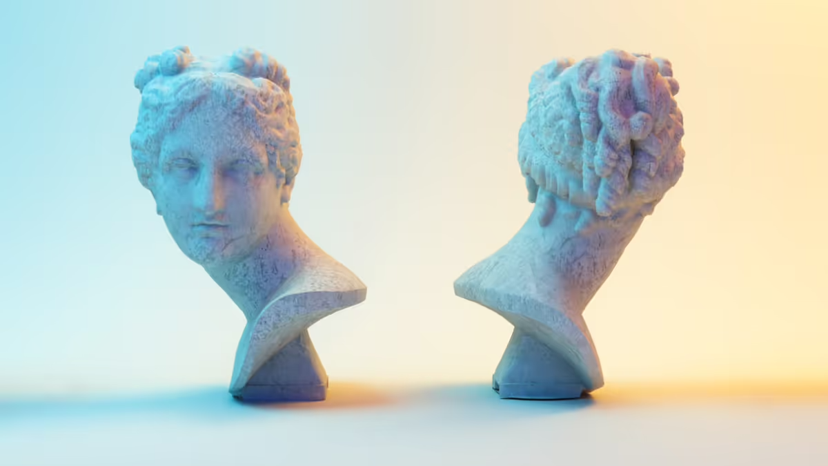 Two marble busts against a blue yellow gradient background.
