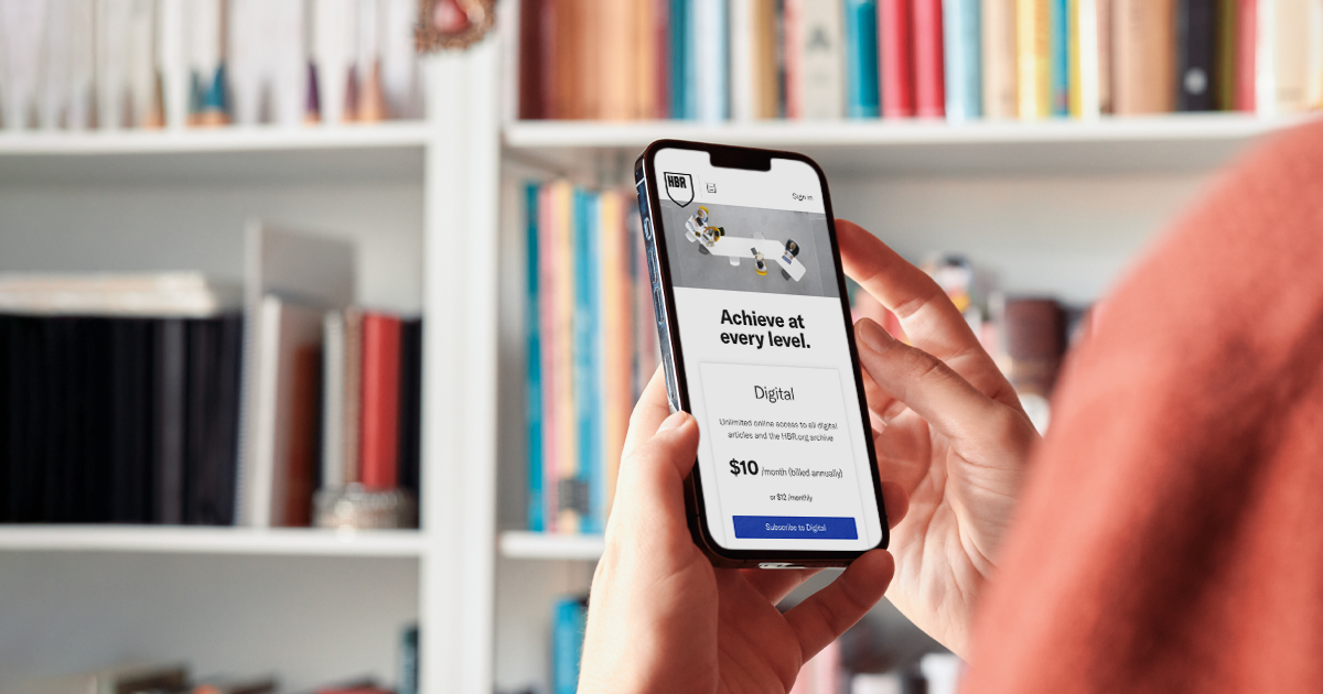 A smartphone displaying the HBR subscriptions webpage.
