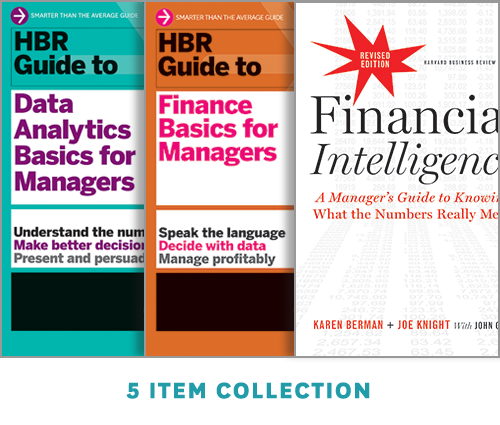 Book covers of HBR Guide to Data Analytics Basics for Managers Toolkit, HBR Guide to Finance Basics for Managers Toolkit and Financial Intelligence.