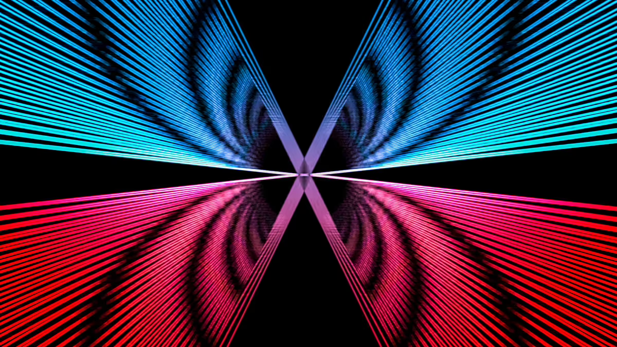 Abstract image of an X with different colors made up of blue and red lines.