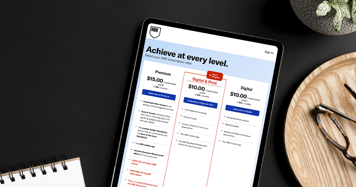 A tablet displaying the HBR subscriptions webpage.